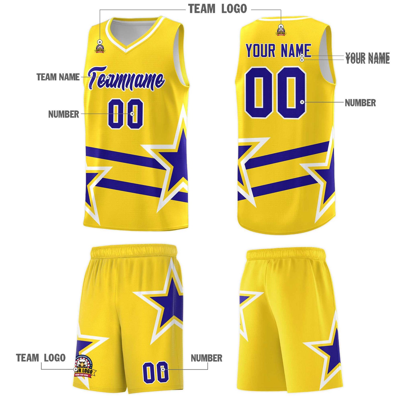 Custom Gold Basketball Kits With Royal Star Pattern And Double Lines
