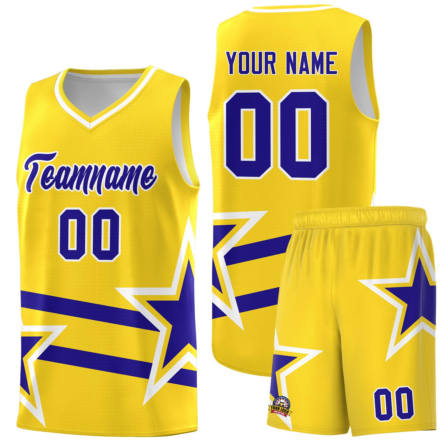 Custom Gold Basketball Kits With Royal Star Pattern And Double Lines