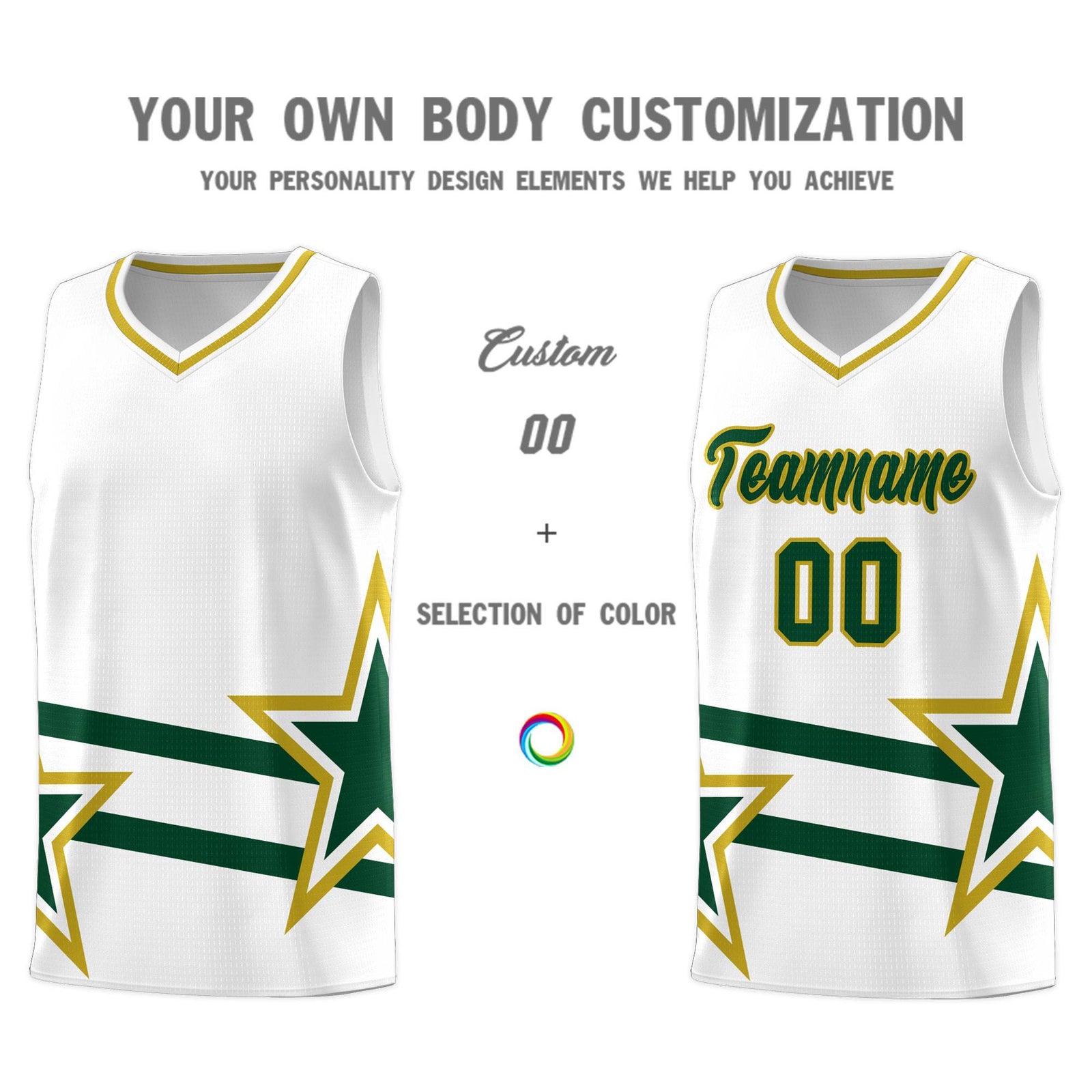 Custom White Basketball Kits With Green Star Pattern And Double Lines