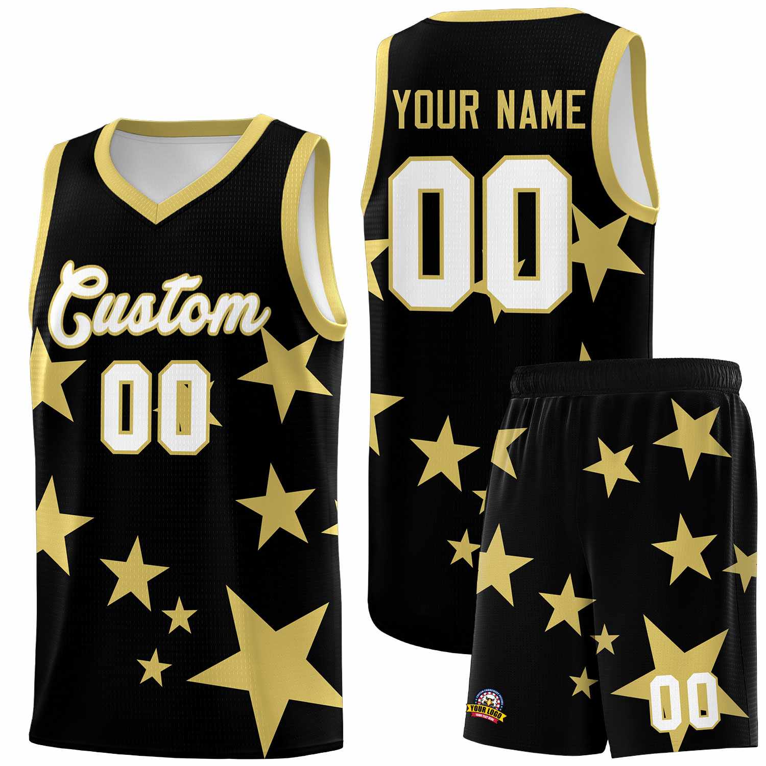 Custom Black Old Gold Graffiti Pattern Star Print Basketball Kits Sets