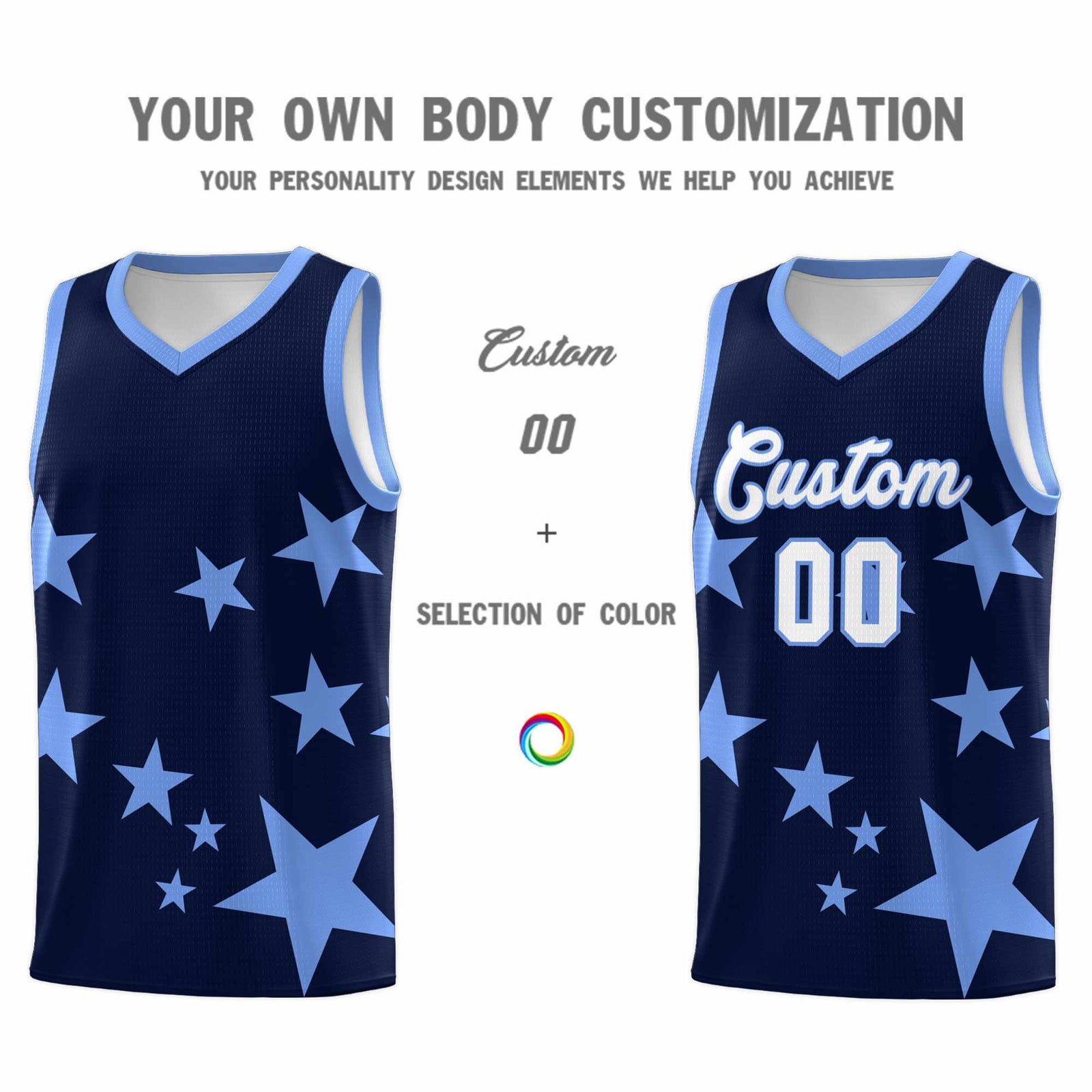 Custom Navy Light Blue Graffiti Pattern Star Print Basketball Kits Sets