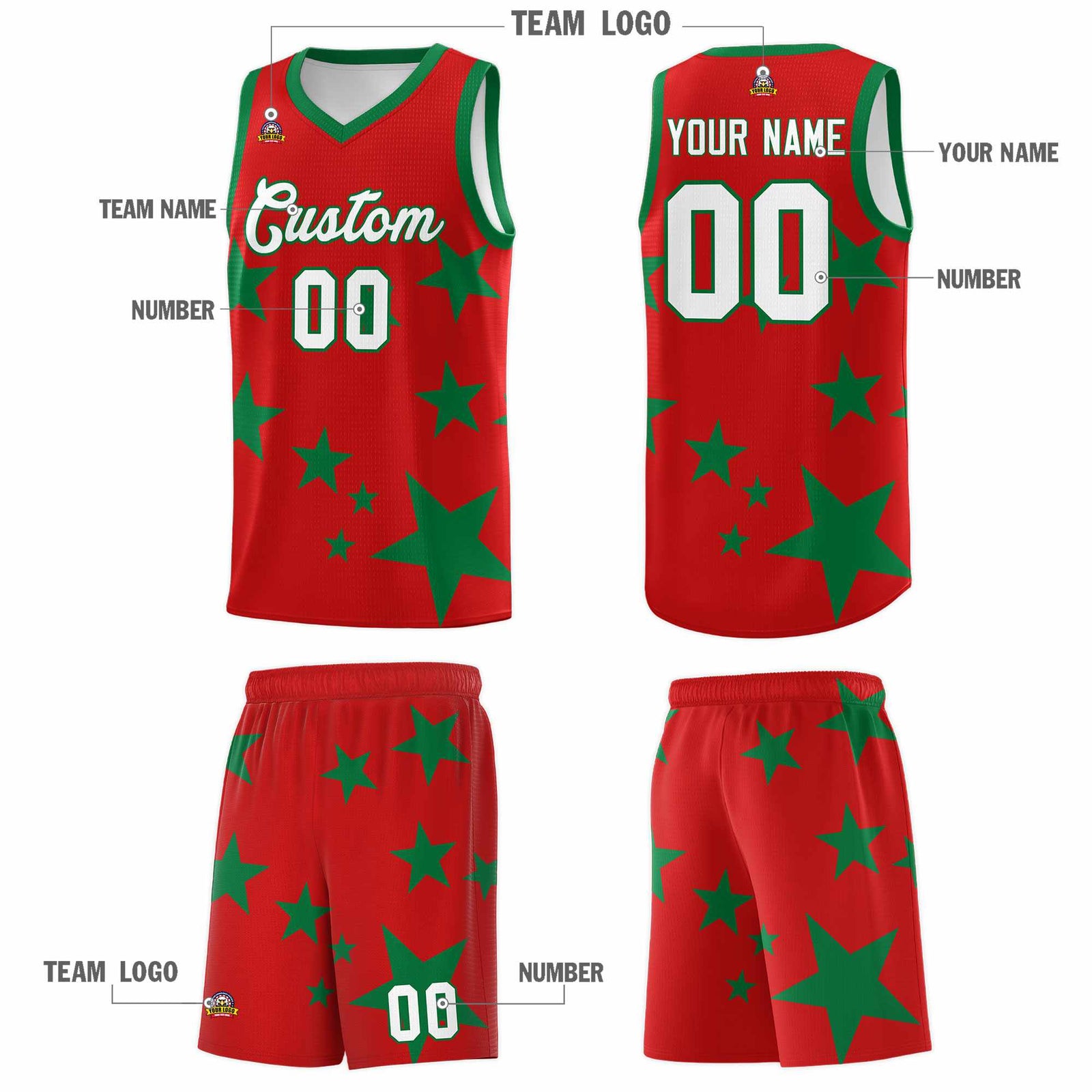 Custom Red Kelly Green Graffiti Pattern Star Print Basketball Kits Sets