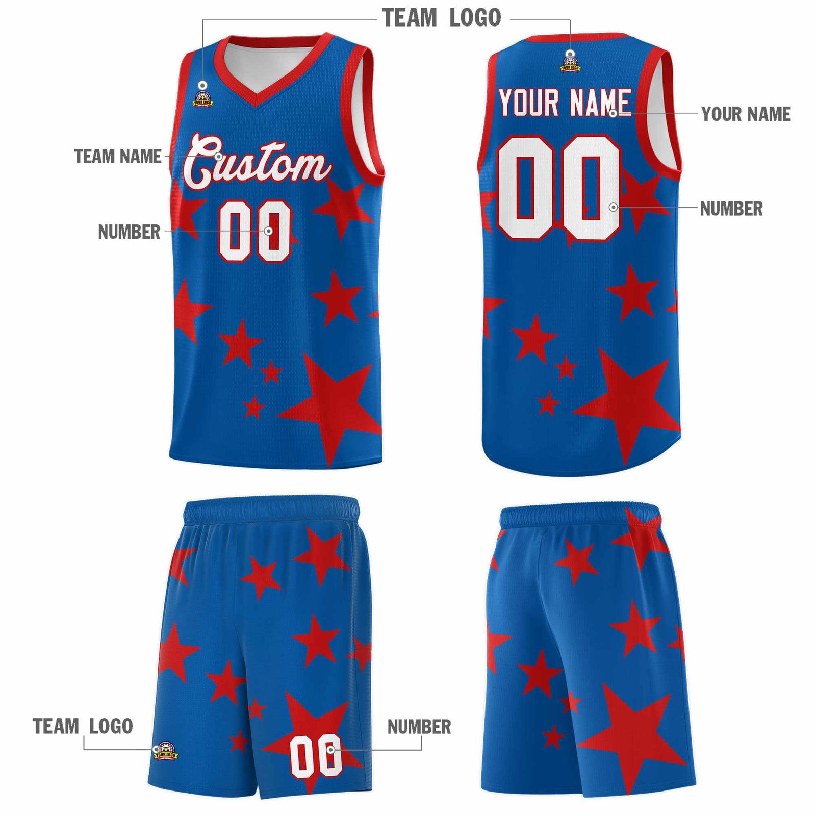 Custom Royal Red Graffiti Pattern Star Print Basketball Kits Sets
