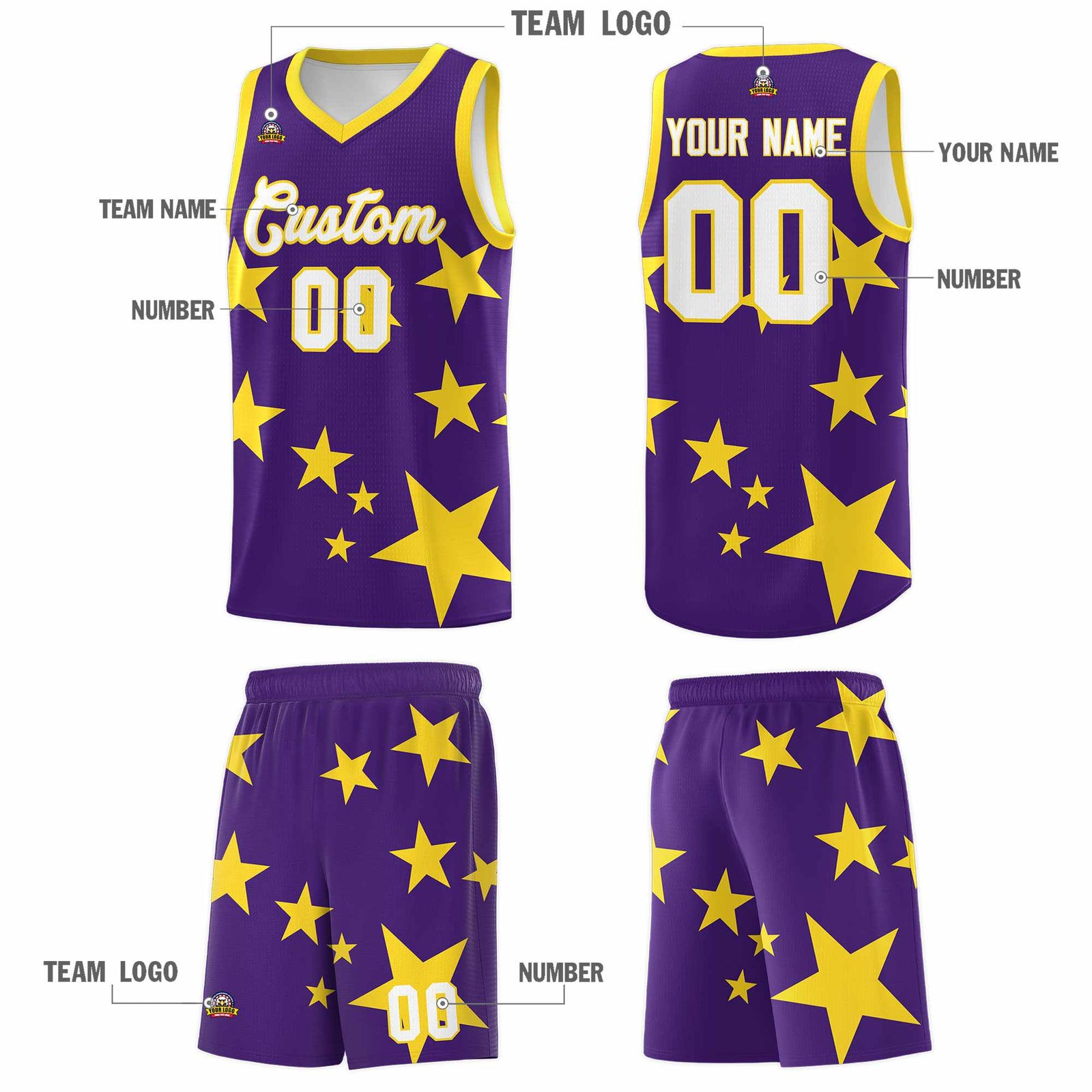 Custom Purple Gold Graffiti Pattern Star Print Basketball Kits Sets