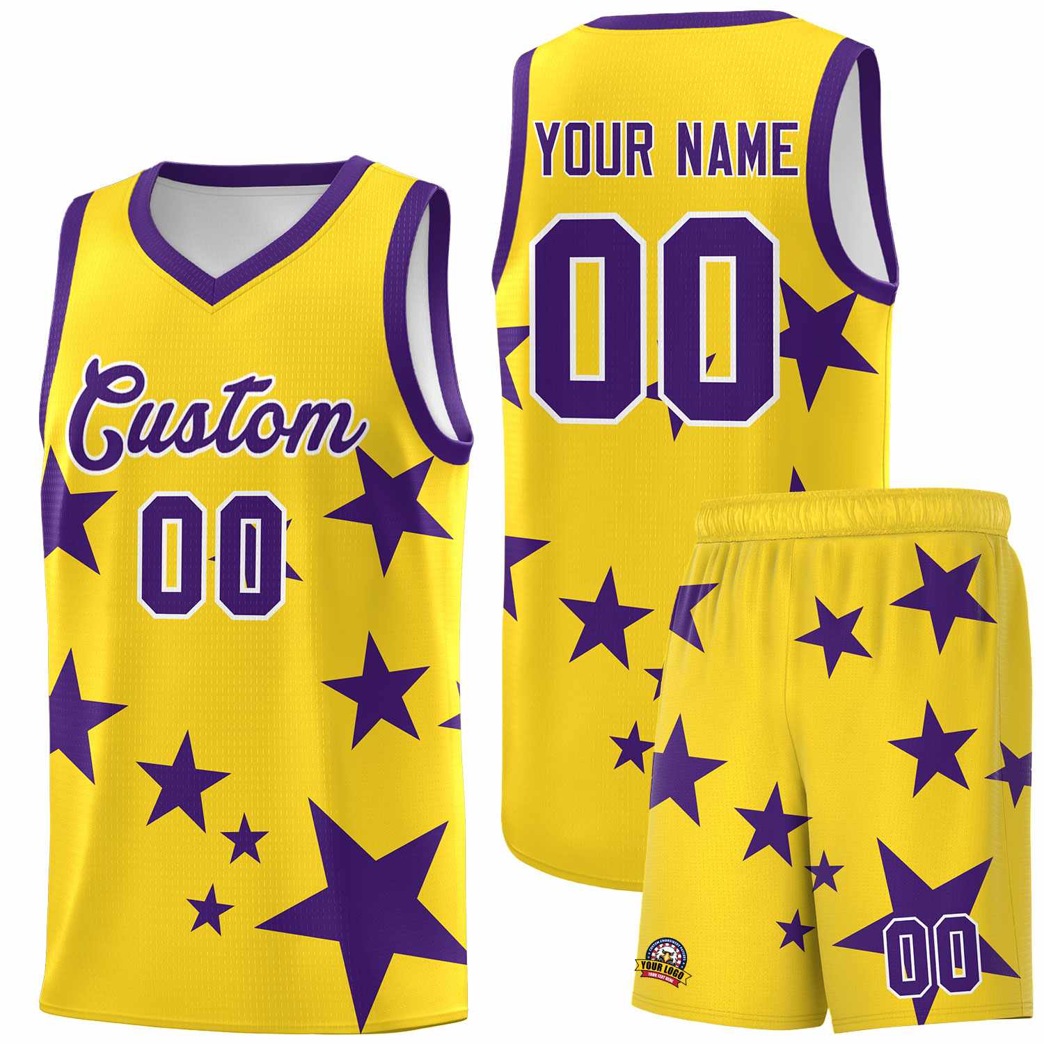 Custom Gold Purple Graffiti Pattern Star Print Basketball Kits Sets