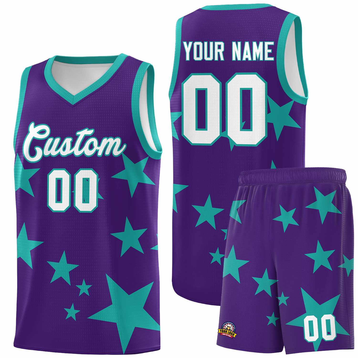 Custom Purple Aqua Graffiti Pattern Star Print Basketball Kits Sets