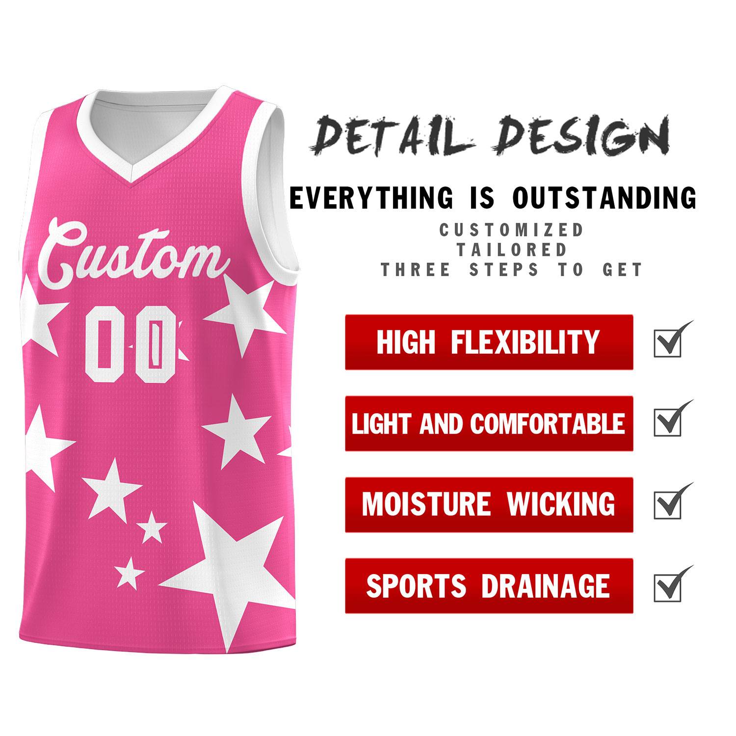 Custom Pink White Graffiti Pattern Star Print Basketball Kits Sets