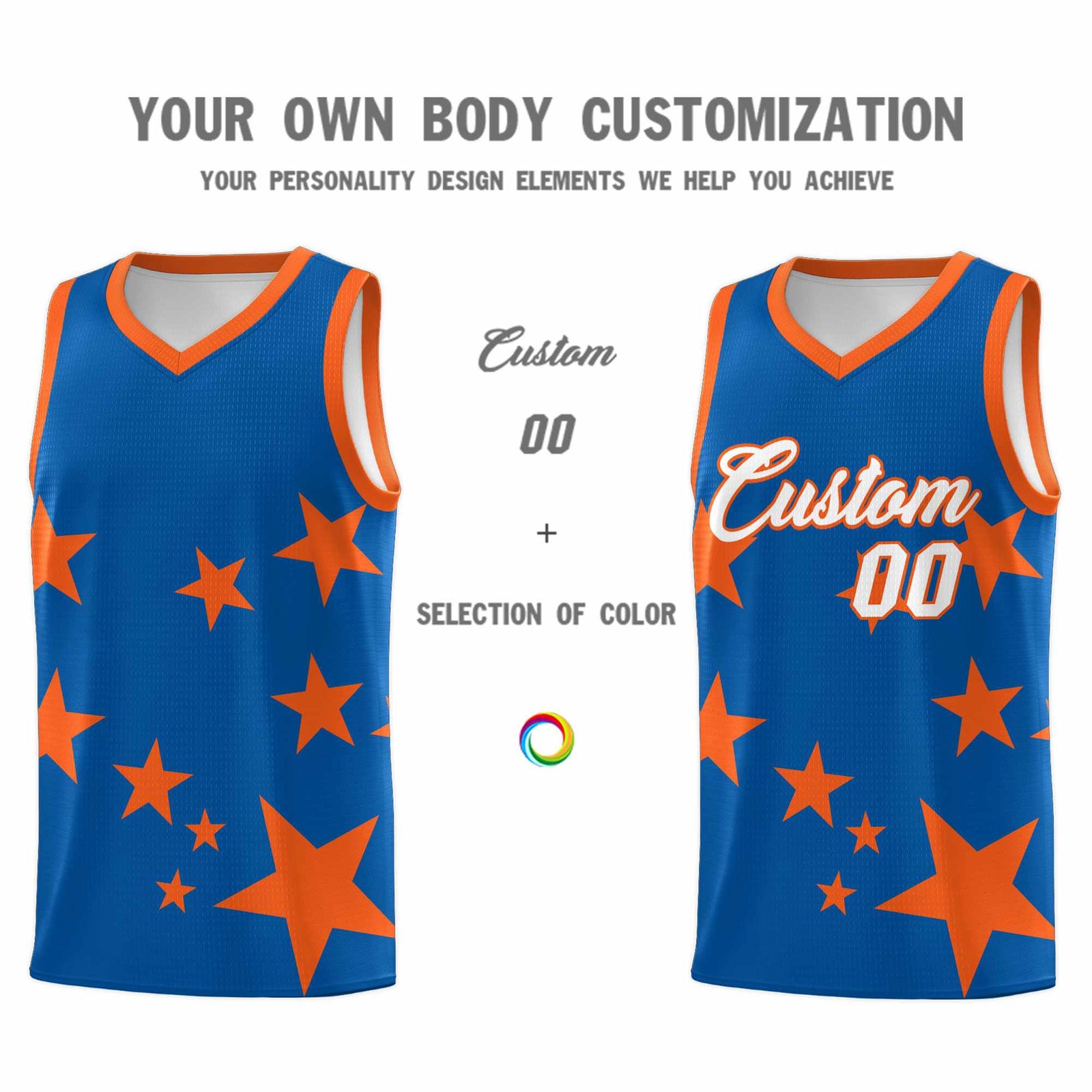 Custom Royal Orange Graffiti Pattern Star Print Basketball Kits Sets