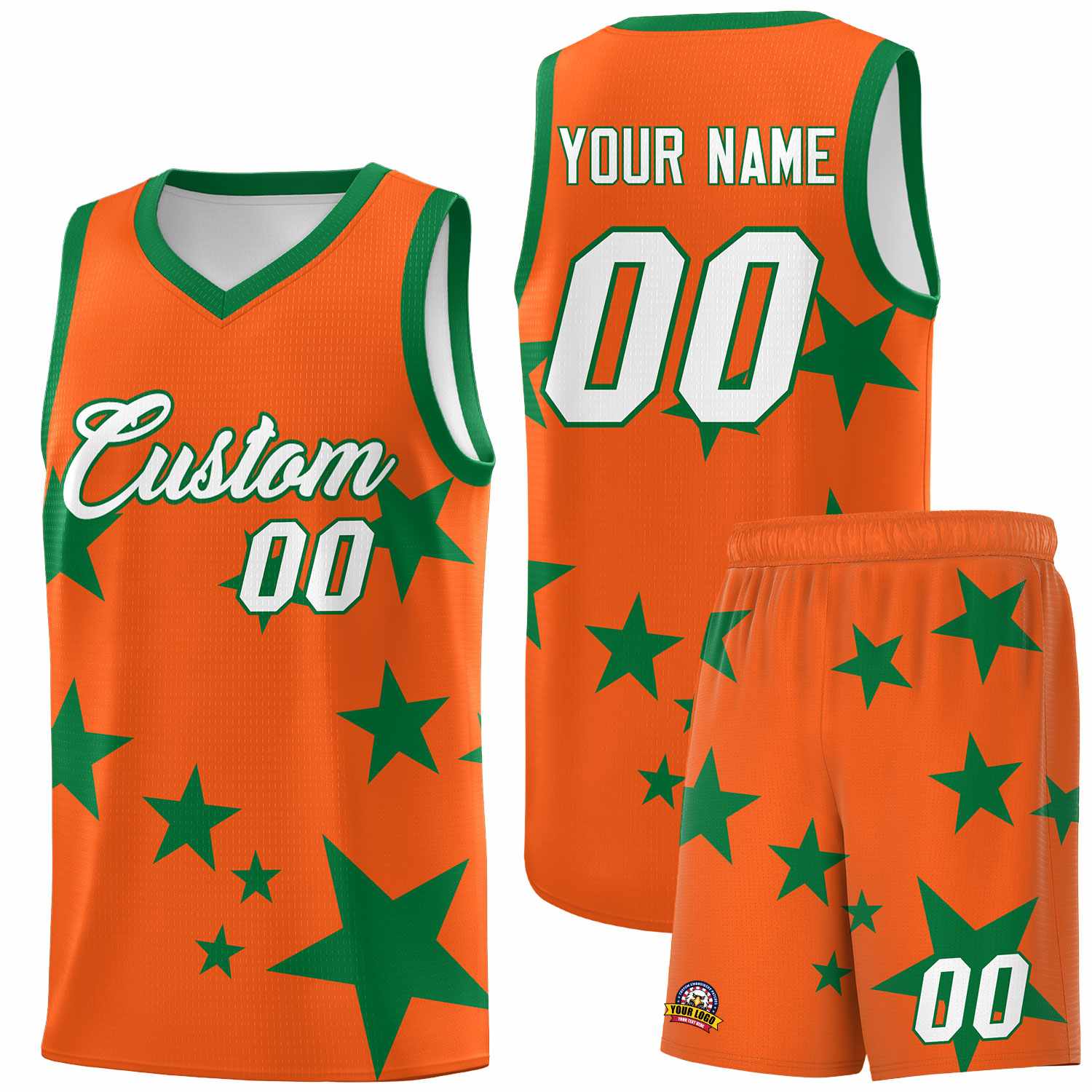 Custom Orange Kelly Green Graffiti Pattern Star Print Basketball Kits Sets
