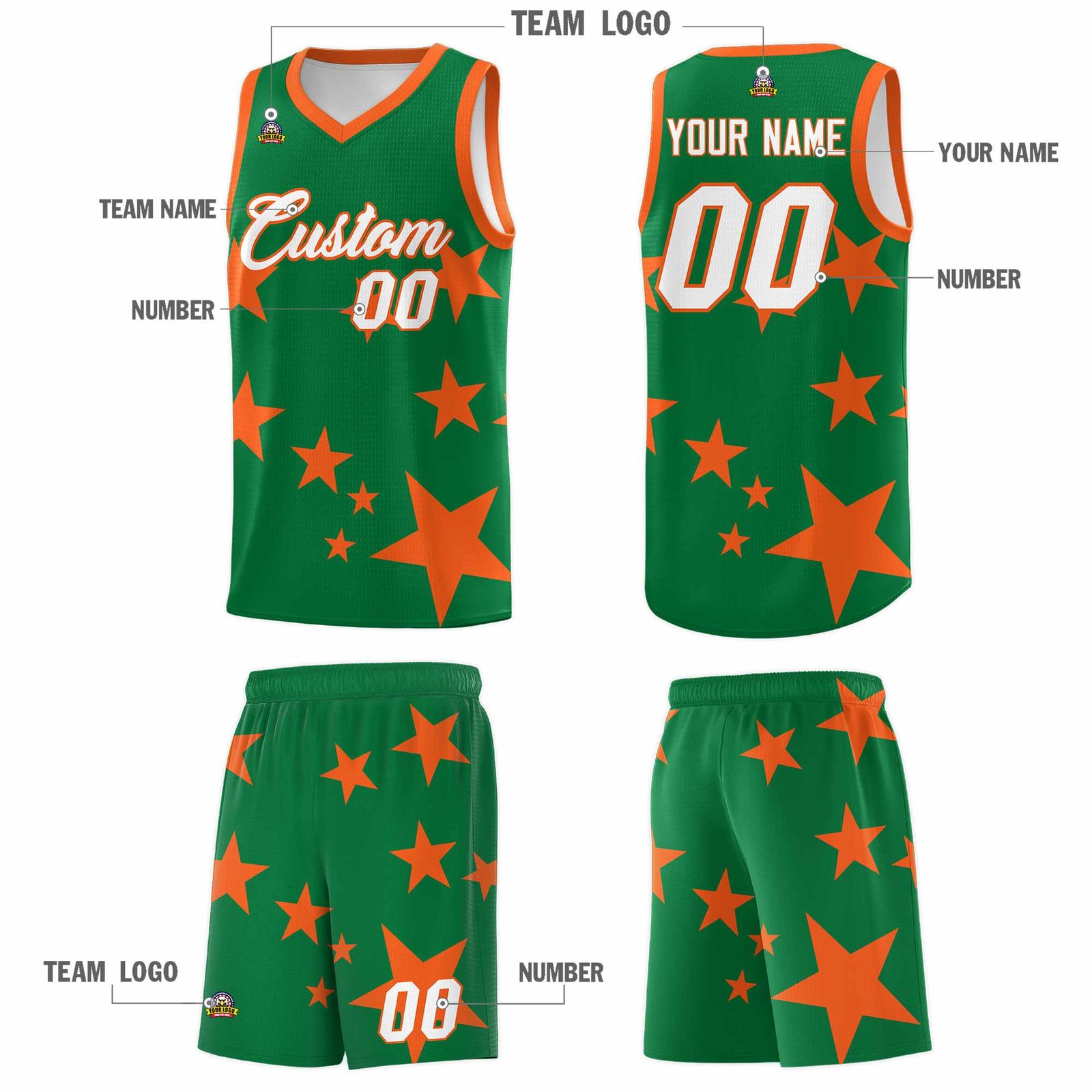 Custom Kelly Green Orange Graffiti Pattern Star Print Basketball Kits Sets