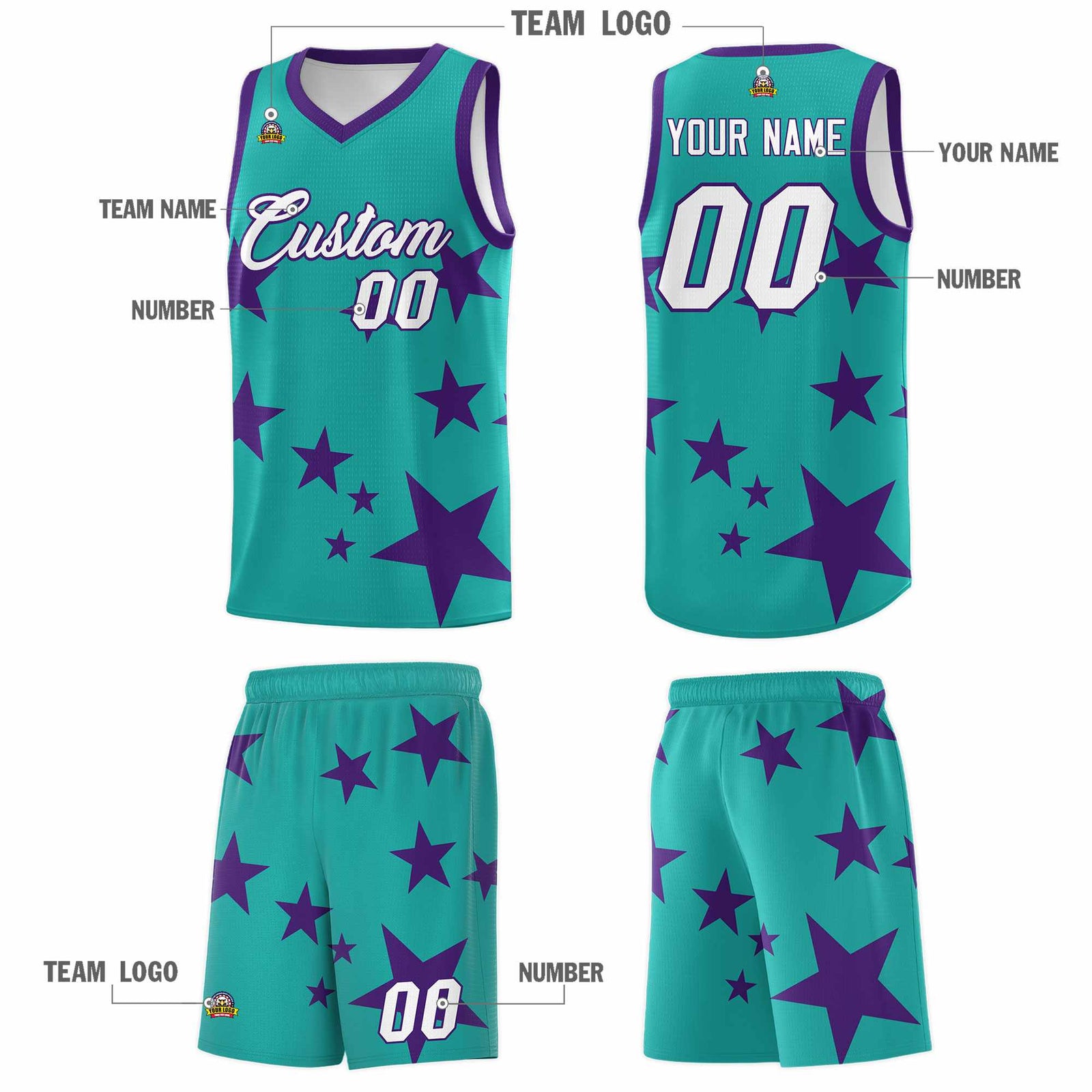Custom Aqua Purple Graffiti Pattern Star Print Basketball Kits Sets
