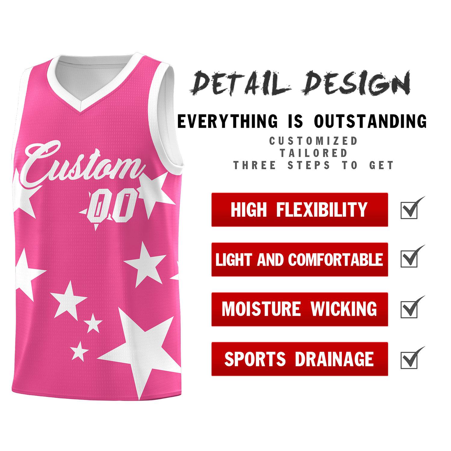 Custom Pink White Graffiti Pattern Star Print Basketball Kits Sets