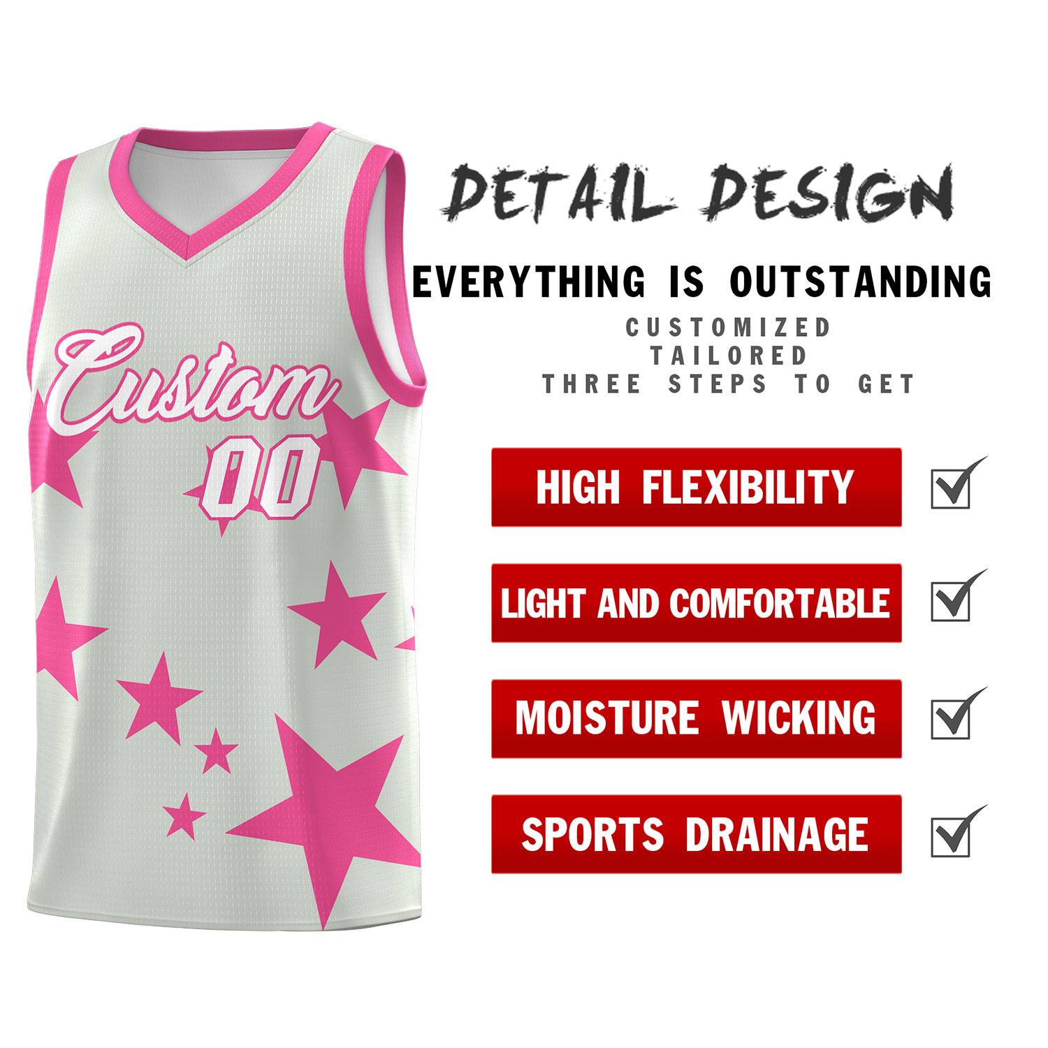 Custom Gray Pink Graffiti Pattern Star Print Basketball Kits Sets