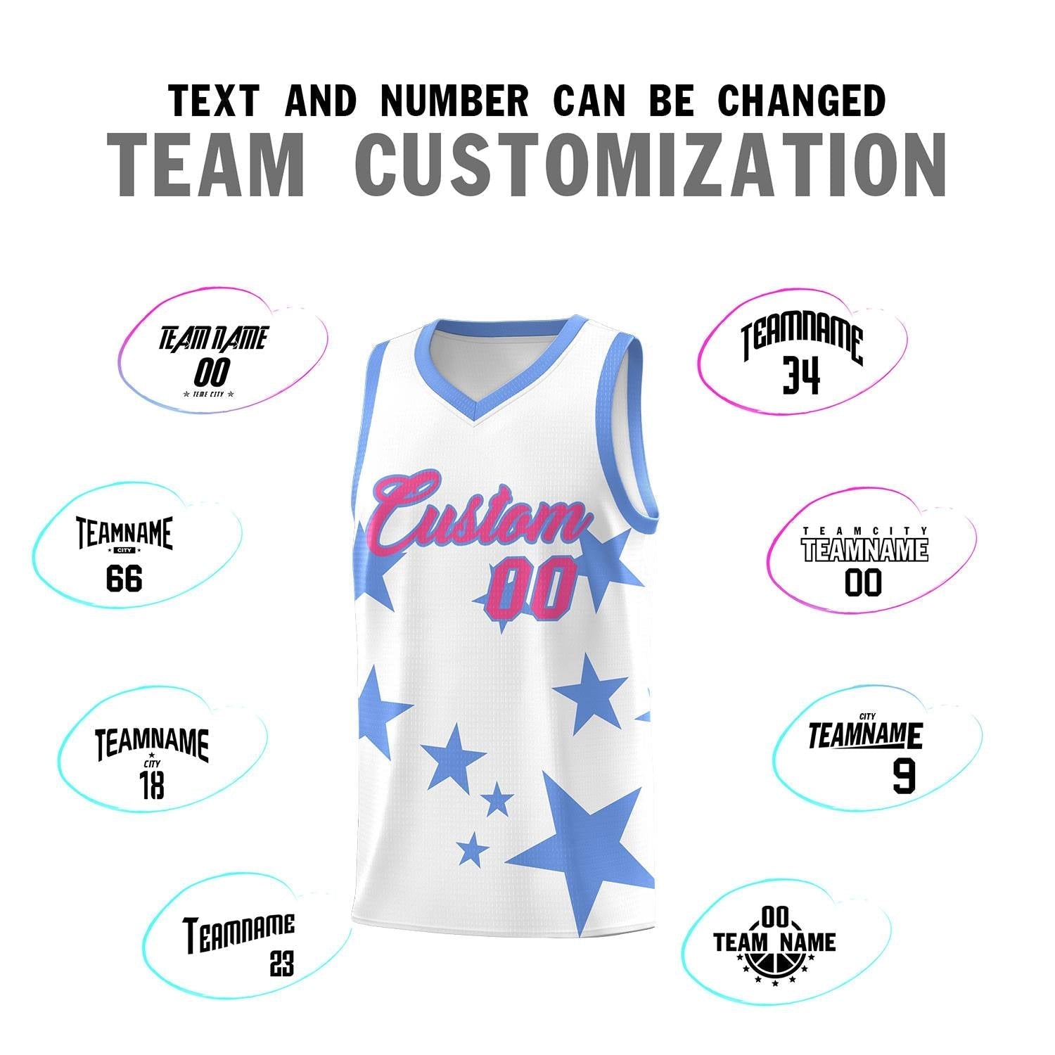 Custom White Light Blue Graffiti Pattern Star Print Basketball Kits Sets