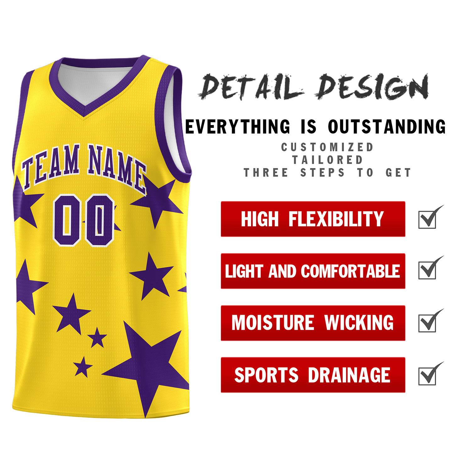 Custom Gold Purple Graffiti Pattern Star Print Basketball Kits Sets