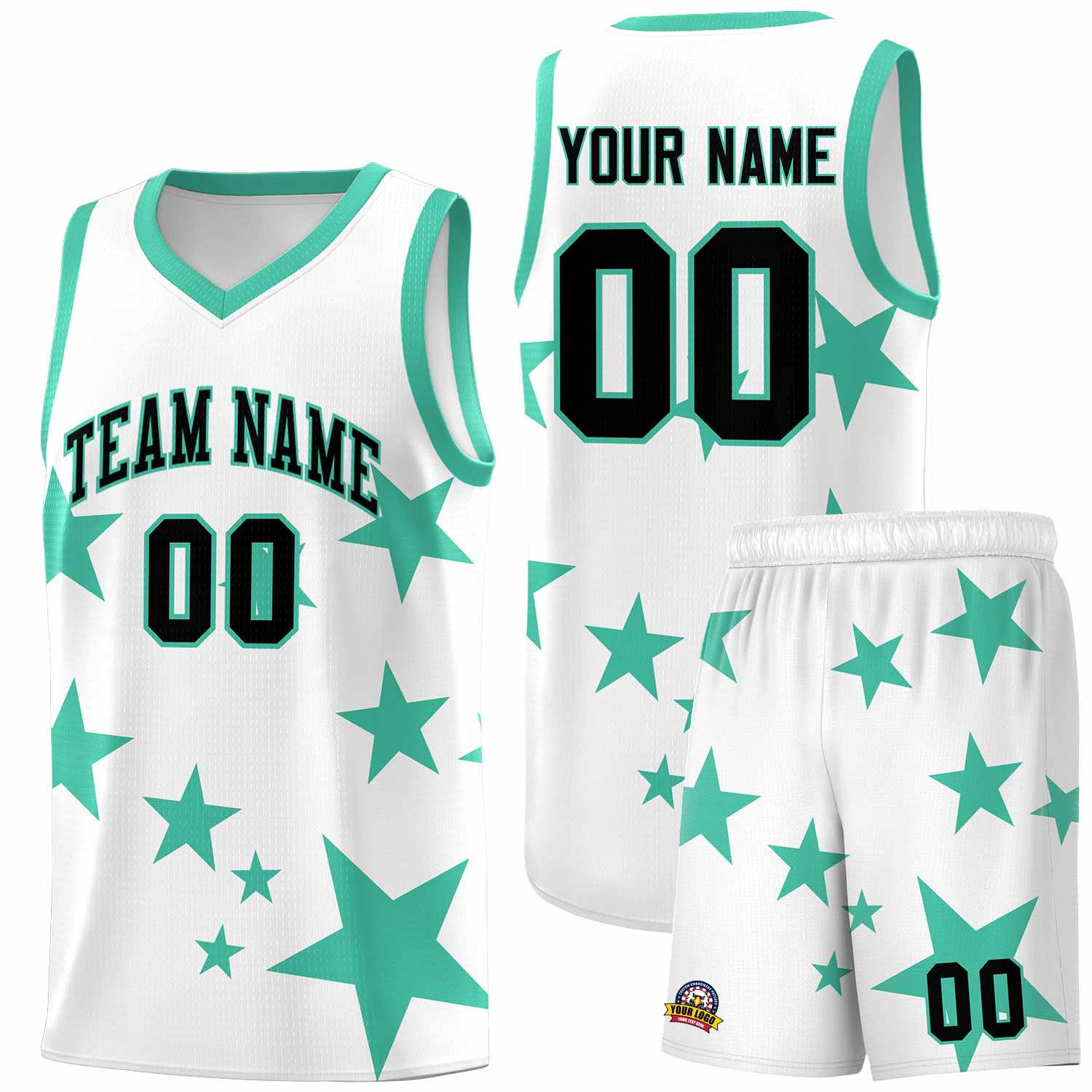 Custom White Bright Green Graffiti Pattern Star Print Basketball Kits Sets