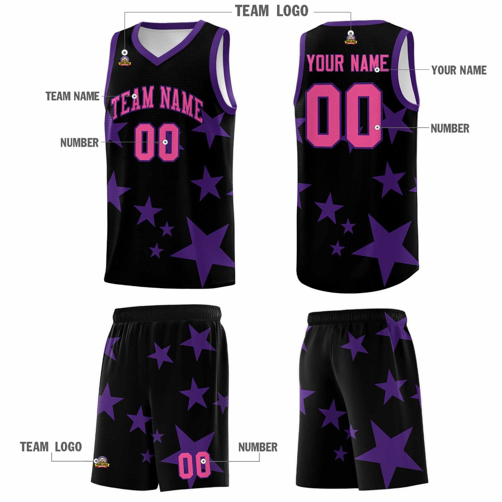 Custom Black Purple Graffiti Pattern Star Print Basketball Kits Sets
