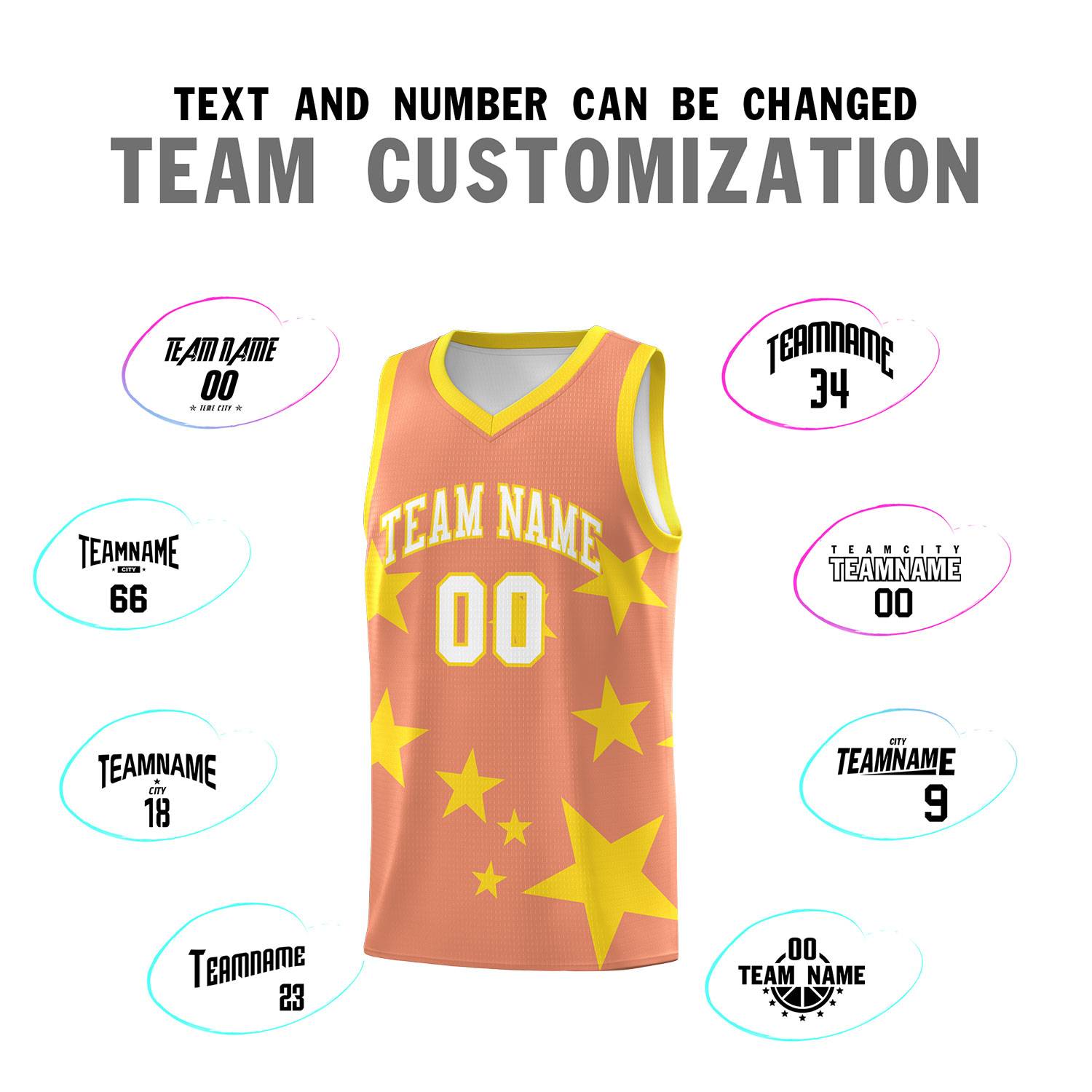 Custom Light Orange Gold Graffiti Pattern Star Print Basketball Kits Sets