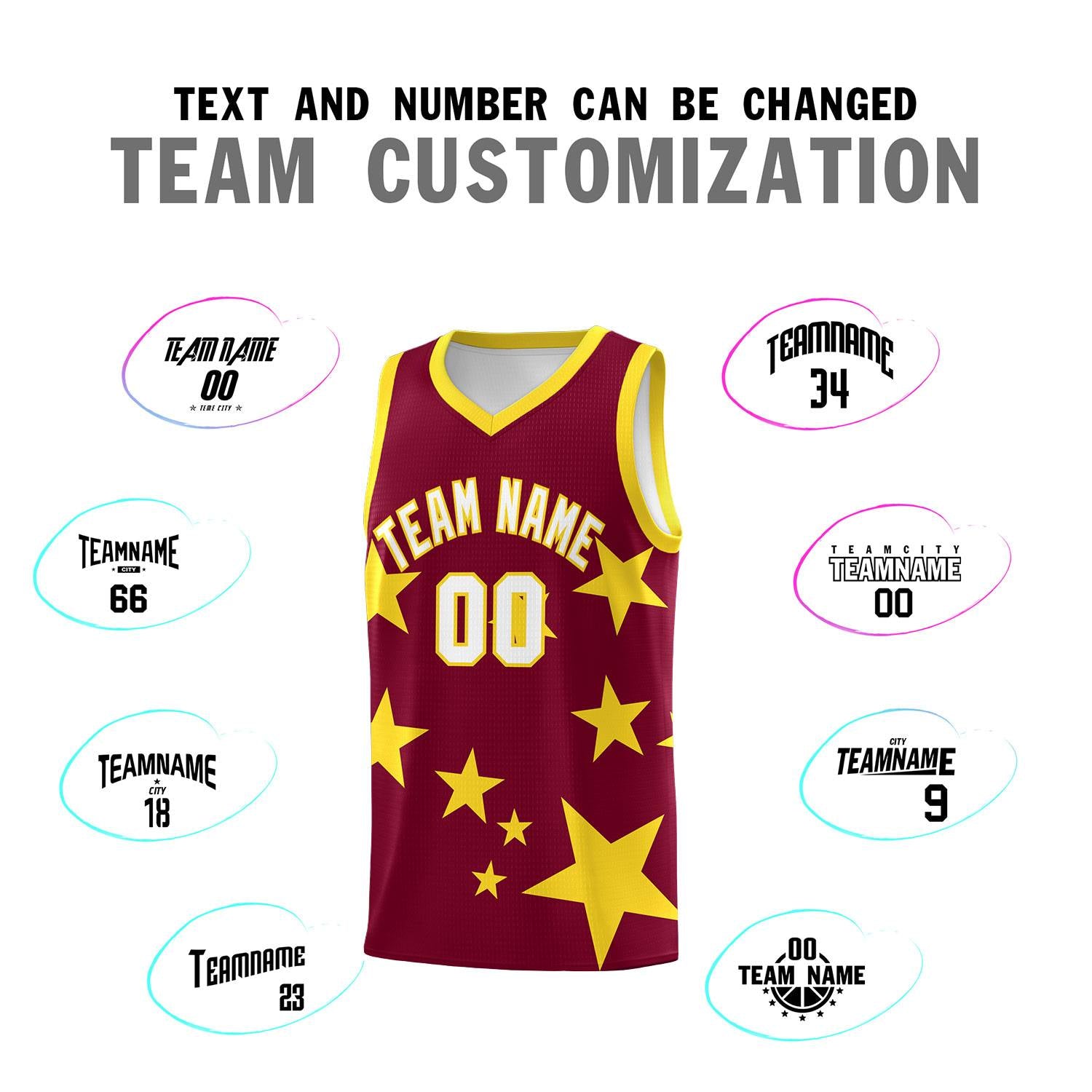 Custom Crimson Gold Graffiti Pattern Star Print Basketball Kits Sets