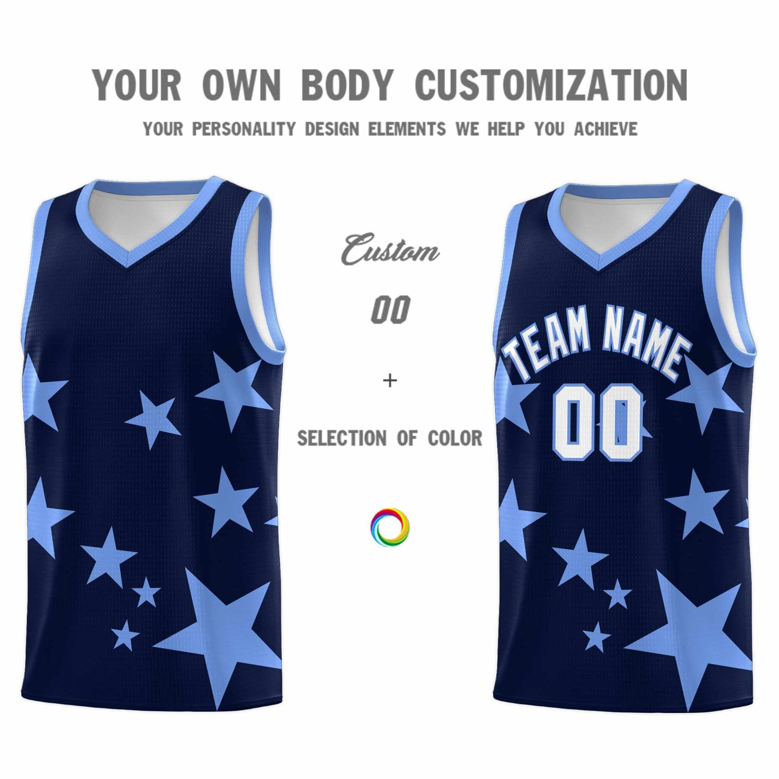 Custom Navy Light Blue Graffiti Pattern Star Print Basketball Kits Sets