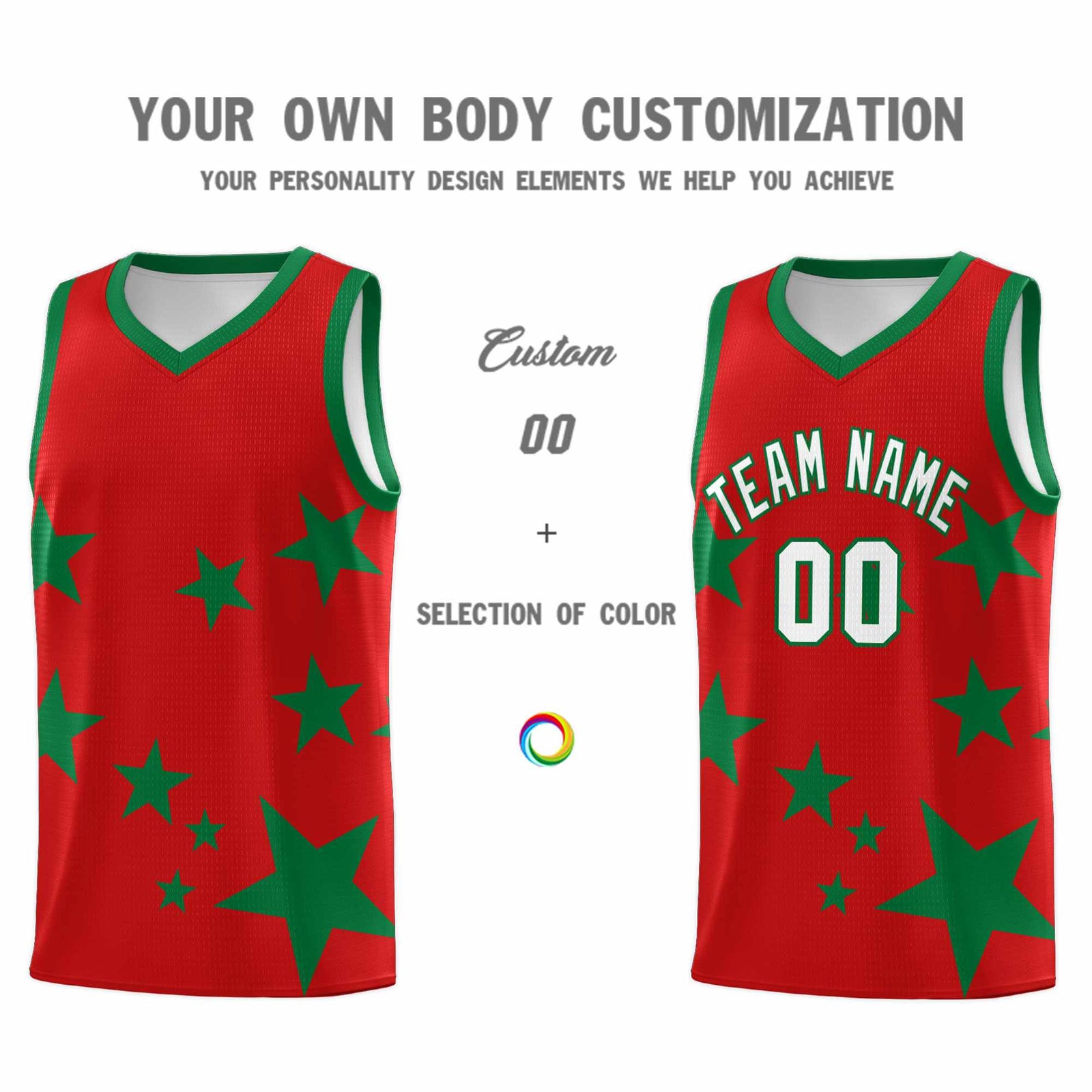 Custom Red Kelly Green Graffiti Pattern Star Print Basketball Kits Sets