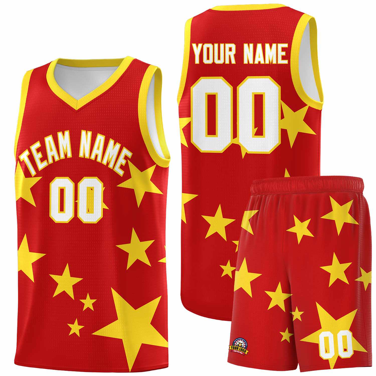 Custom Red Gold Graffiti Pattern Star Print Basketball Kits Sets