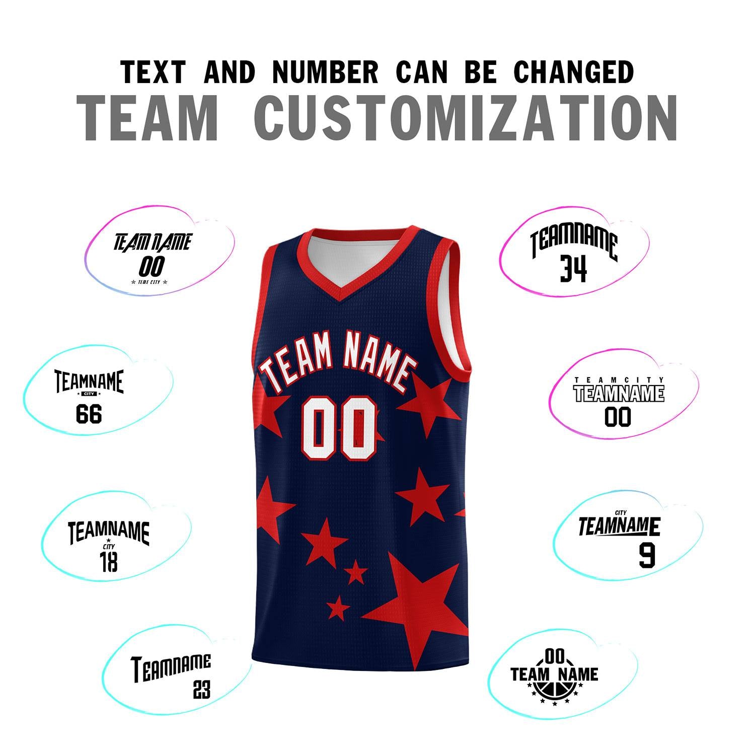Custom Navy Red Graffiti Pattern Star Print Basketball Kits Sets