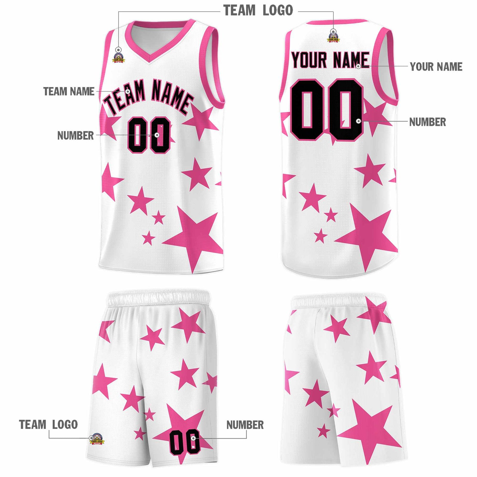Custom White Pink Graffiti Pattern Star Print Basketball Kits Sets