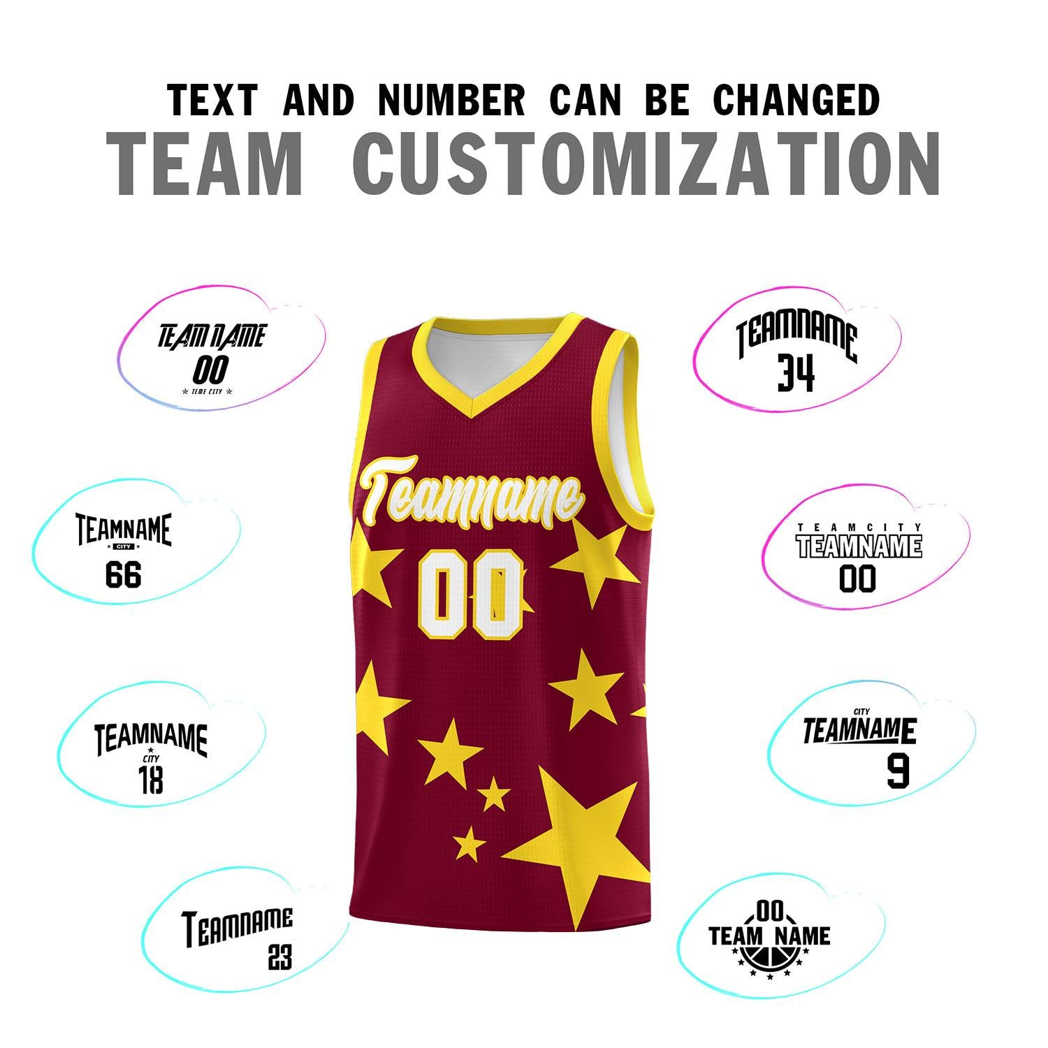Custom Crimson Gold Graffiti Pattern Star Print Basketball Kits Sets
