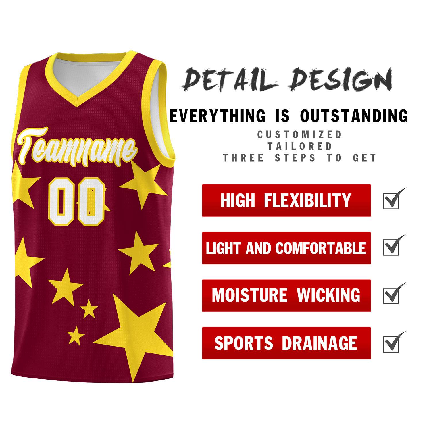 Custom Crimson Gold Graffiti Pattern Star Print Basketball Kits Sets