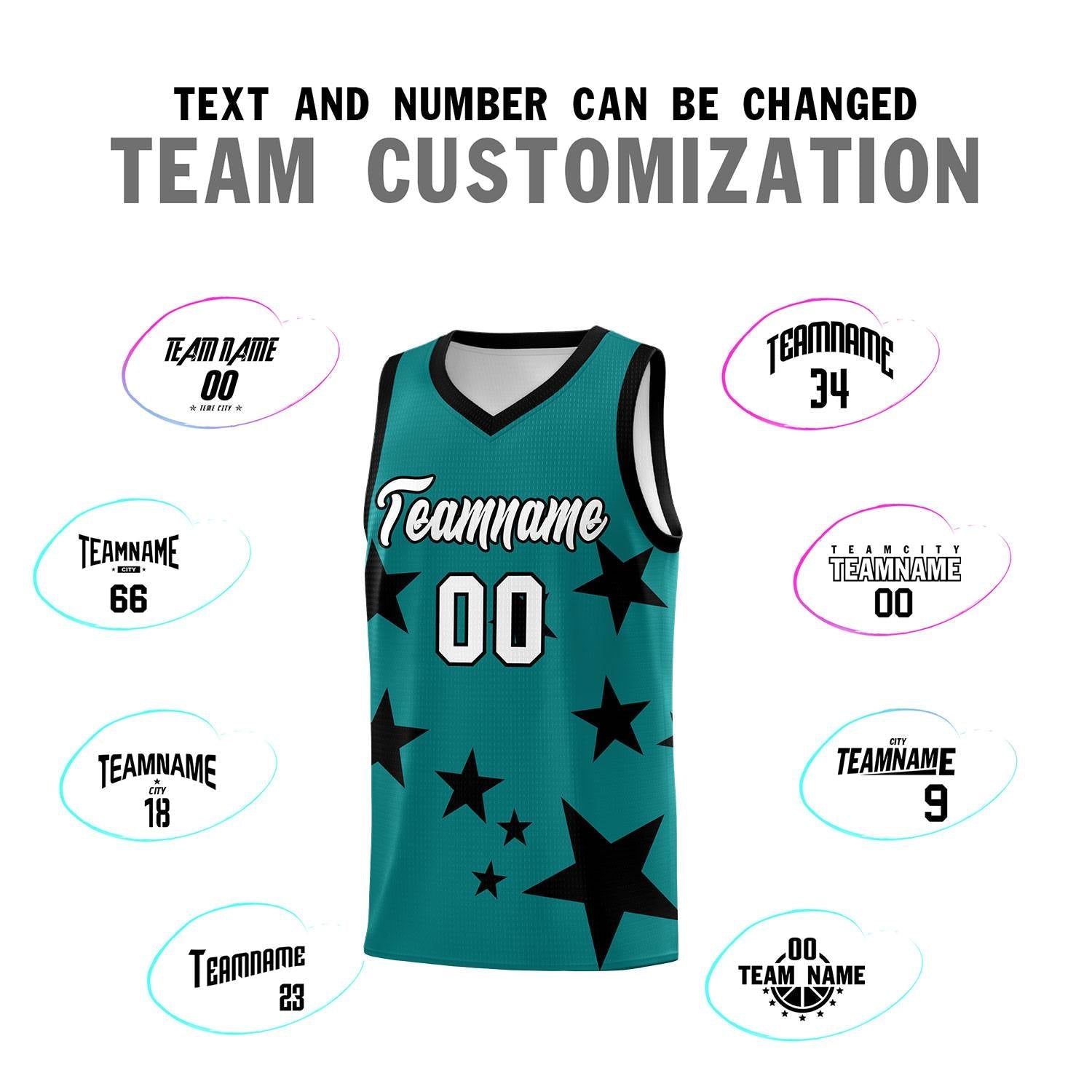 Custom Aqua Black Graffiti Pattern Star Print Basketball Kits Sets