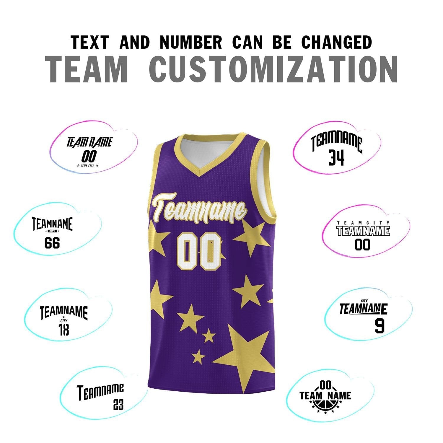 Custom Purple Old Gold Graffiti Pattern Star Print Basketball Kits Sets