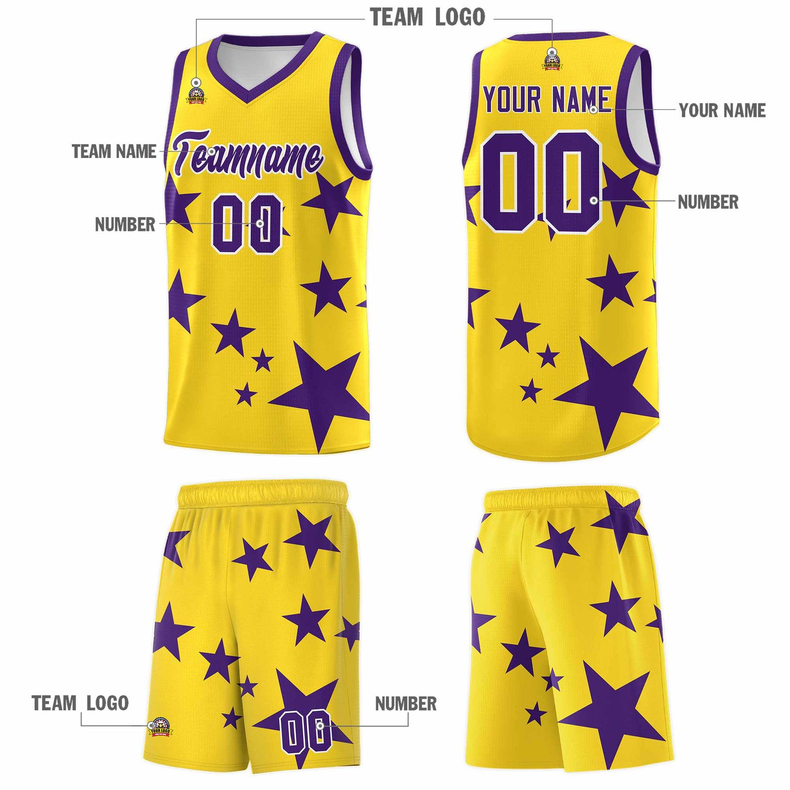Custom Gold Purple Graffiti Pattern Star Print Basketball Kits Sets