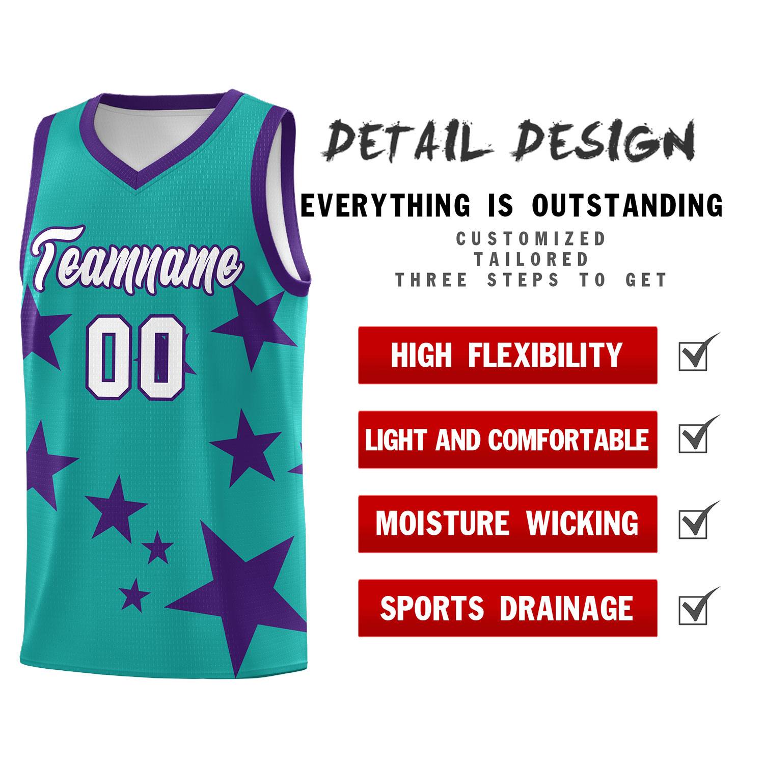 Custom Aqua Purple Graffiti Pattern Star Print Basketball Kits Sets