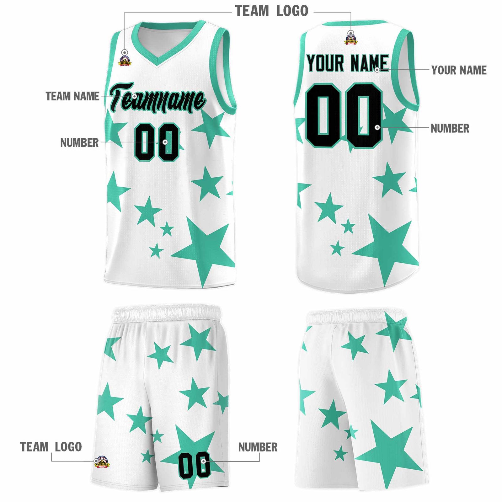 Custom White Bright Green Graffiti Pattern Star Print Basketball Kits Sets