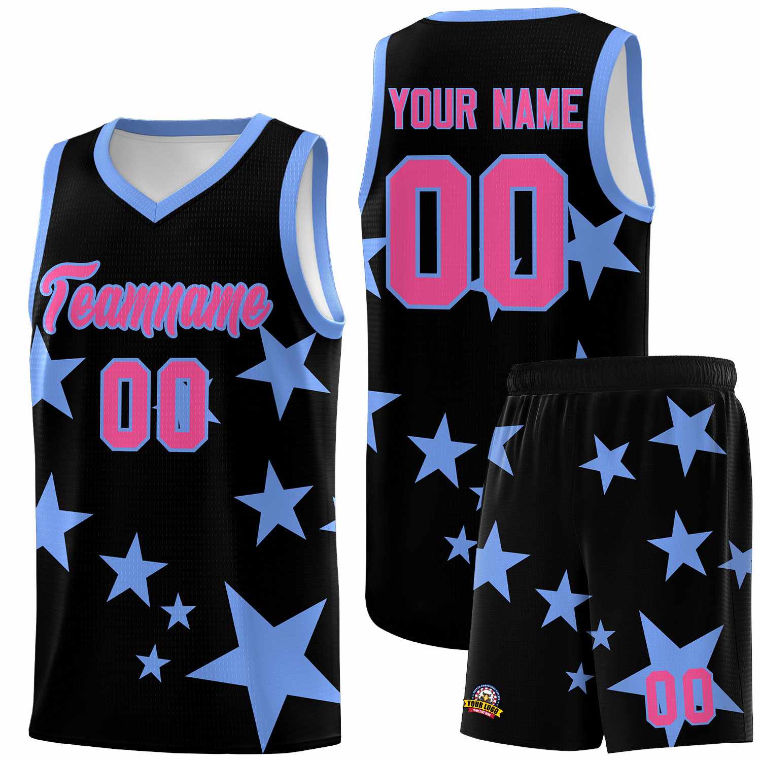 Custom Black Light Blue Graffiti Pattern Star Print Basketball Kits Sets