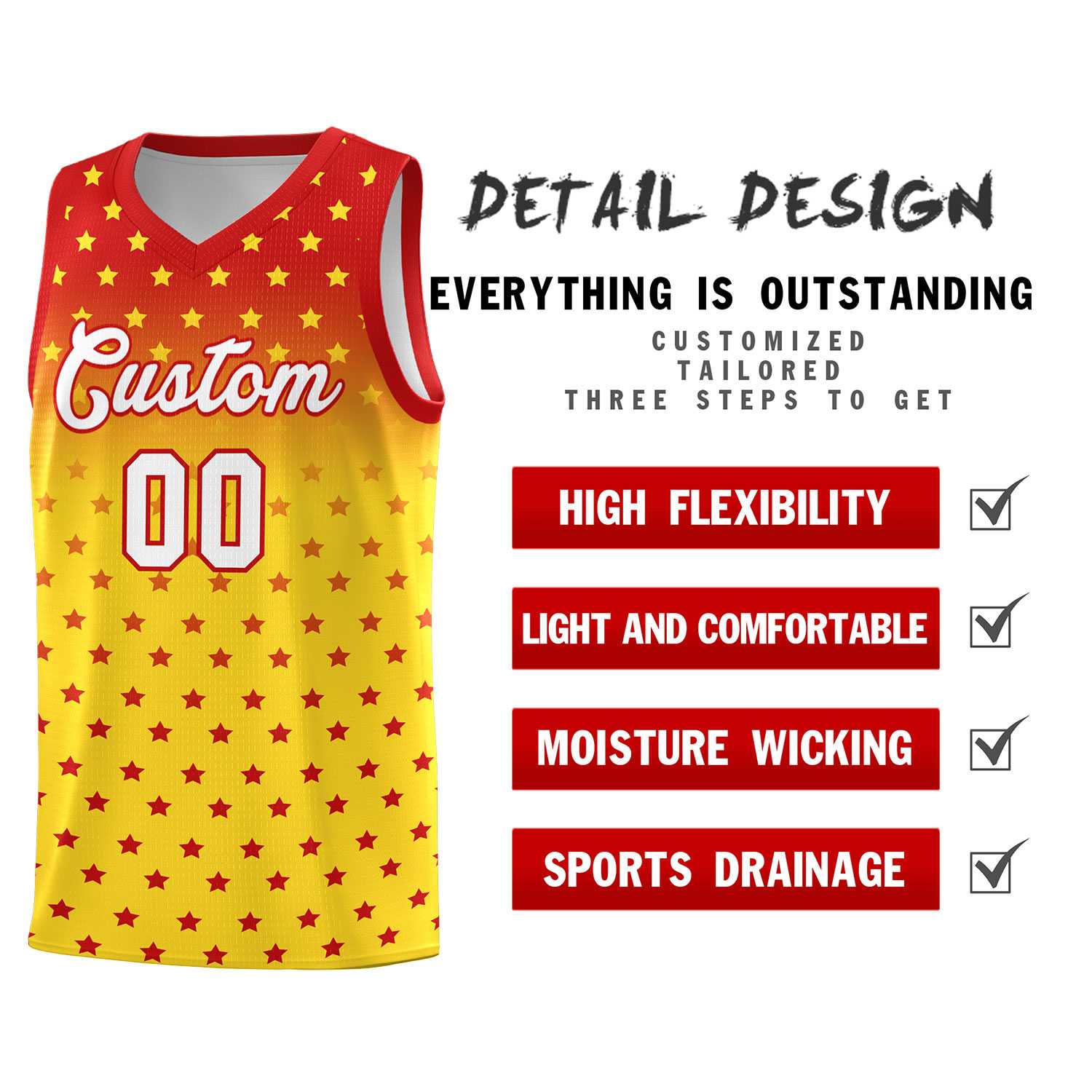 Custom Red Gold Gradient Start Pattern Basketball Jersey Sets