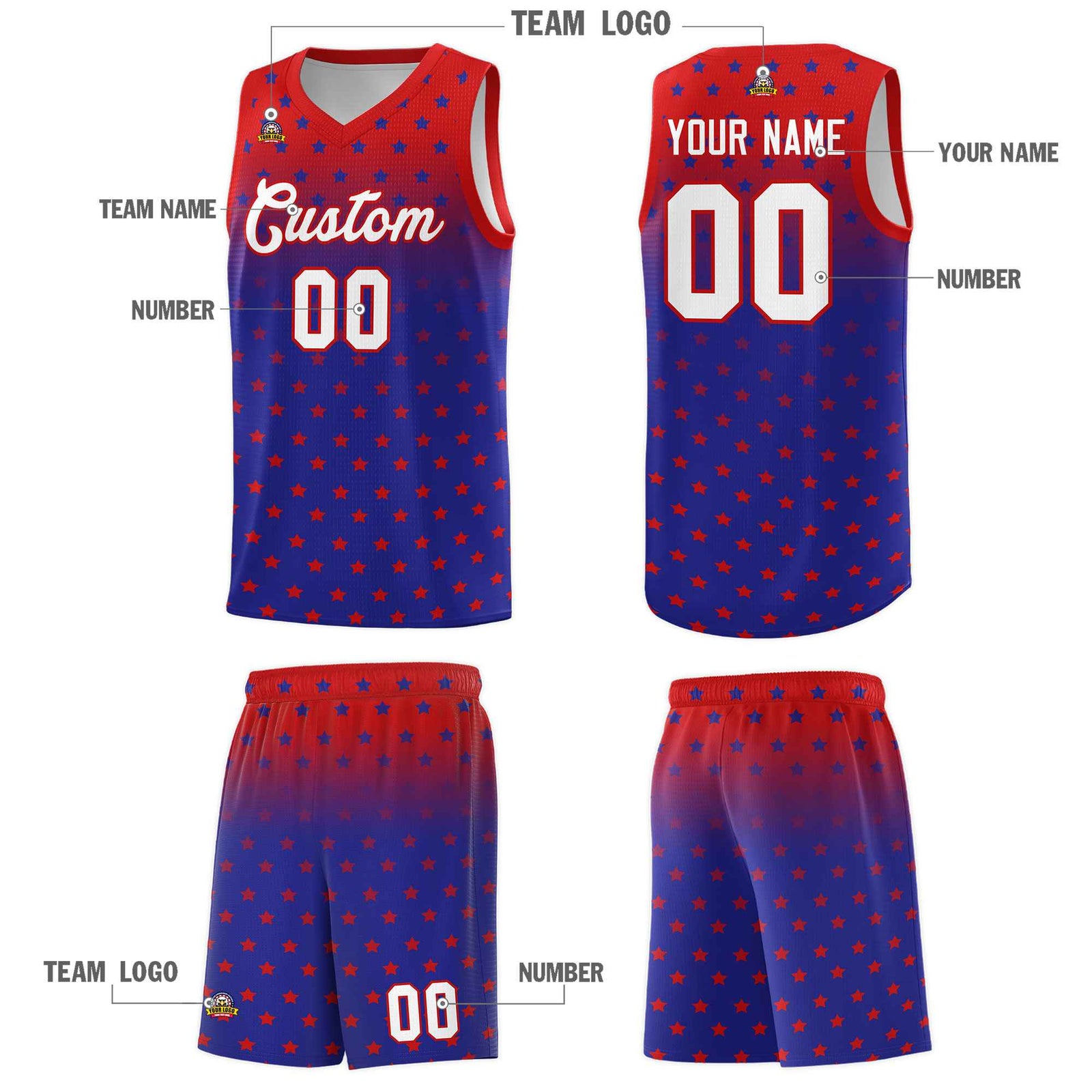 Custom Red Royal Gradient Start Pattern Basketball Jersey Sets