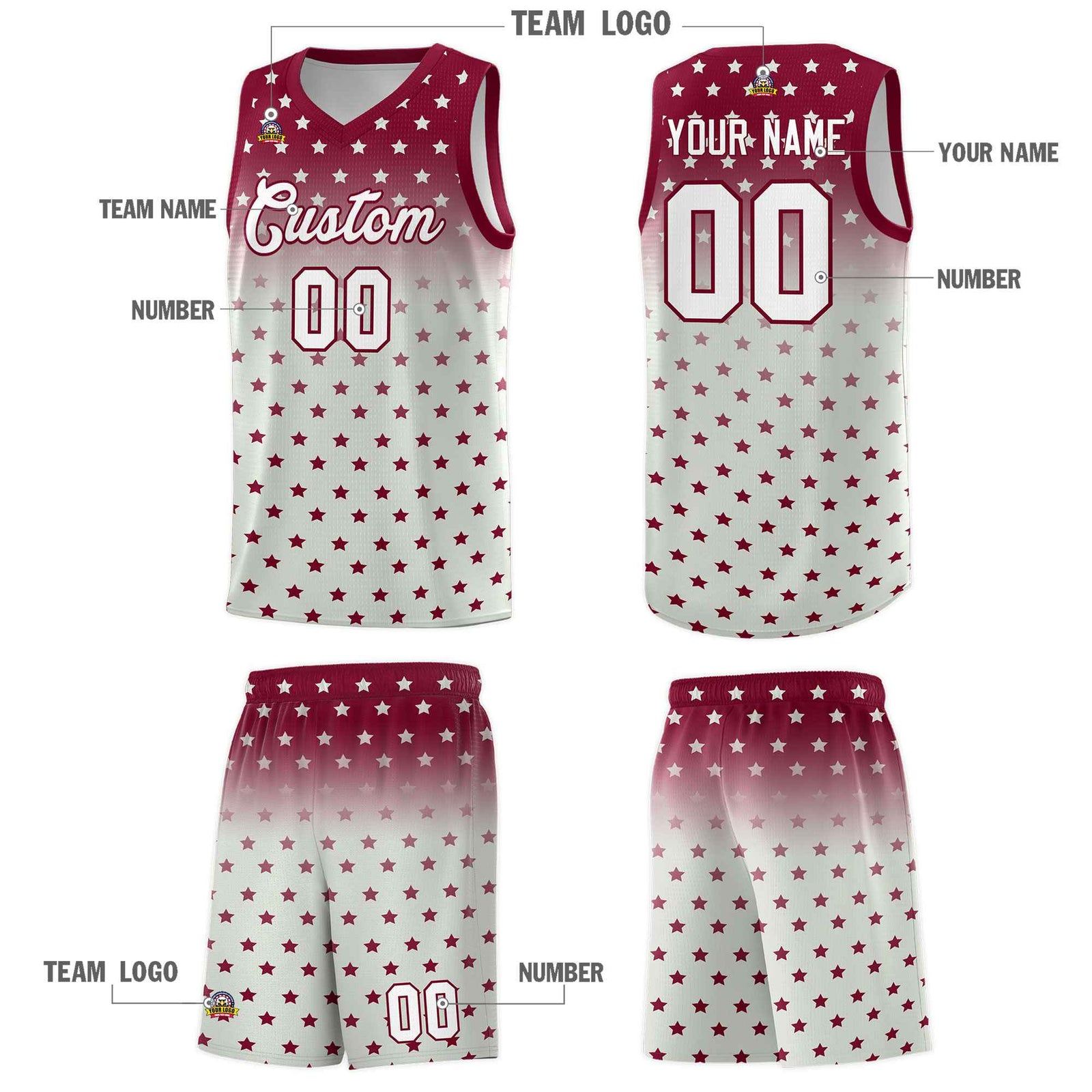 Custom Crimson Gray Gradient Start Pattern Basketball Jersey Sets