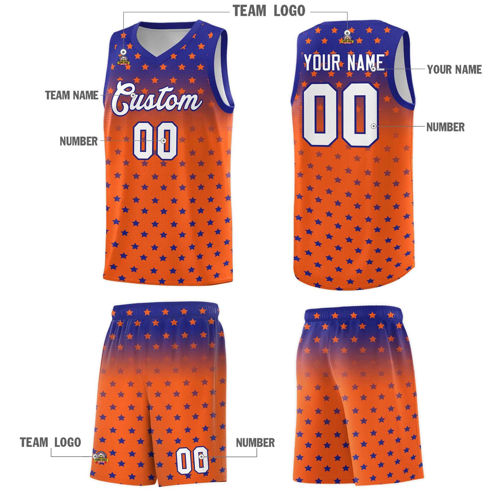 Custom Royal Orange Gradient Start Pattern Basketball Jersey Sets