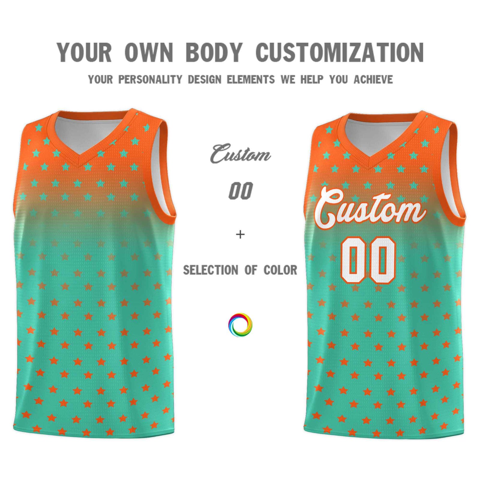 Custom Orange Aqua Gradient Start Pattern Basketball Jersey Sets
