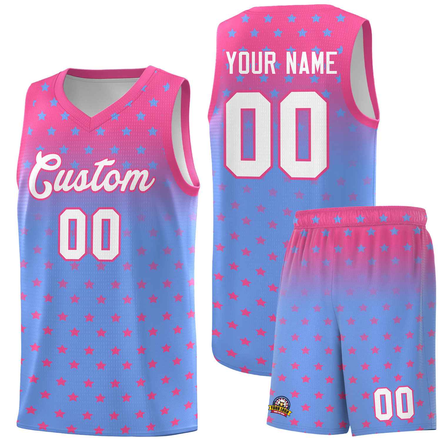 Custom Pink Light Blue Gradient Start Pattern Basketball Jersey Sets