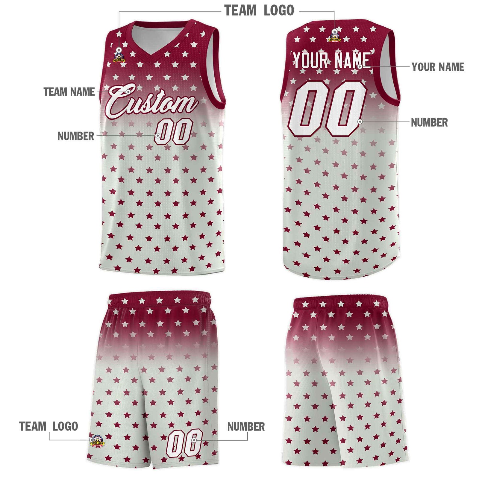 Custom Crimson Gray Gradient Start Pattern Basketball Jersey Sets