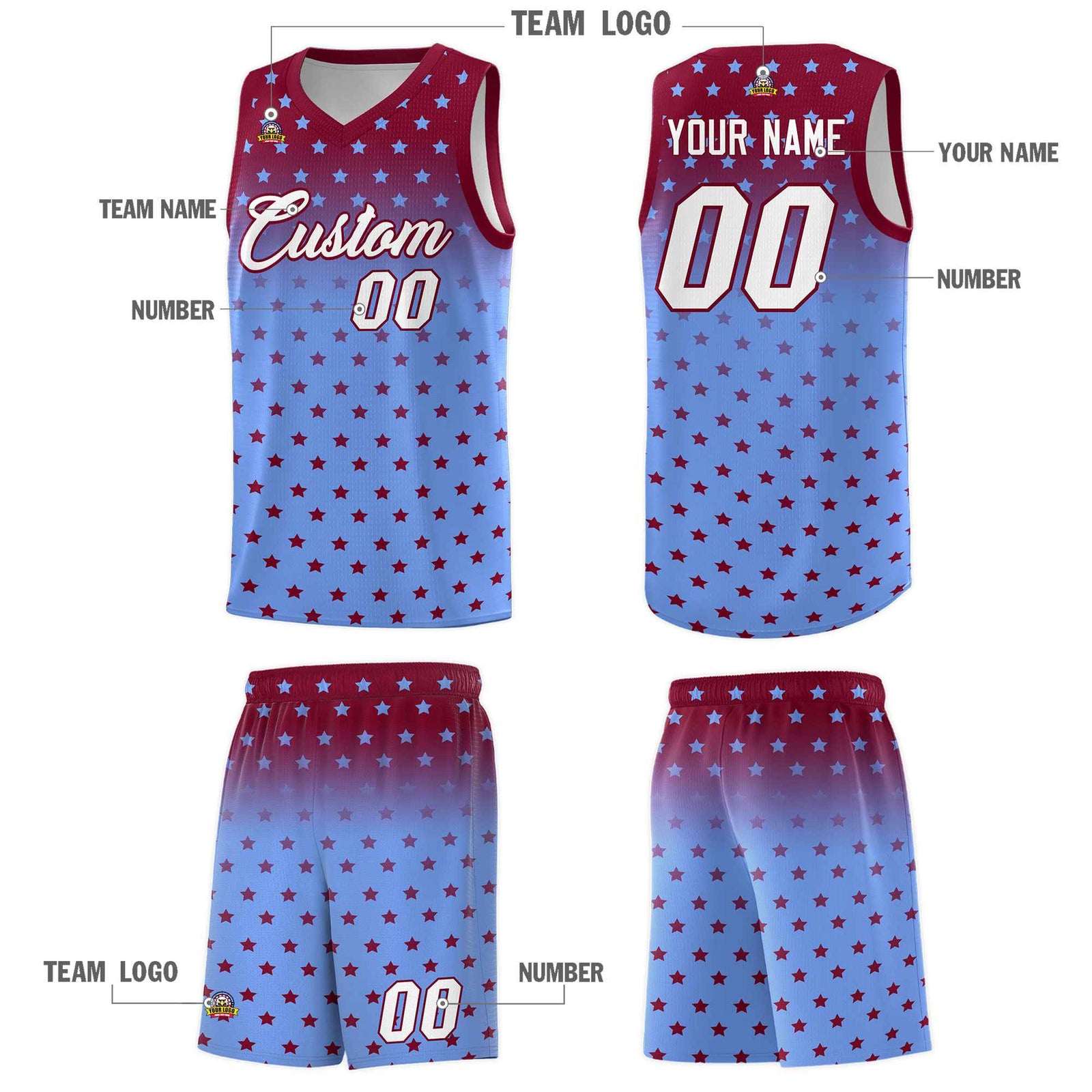 Custom Crimson Light Blue Gradient Start Pattern Basketball Jersey Sets