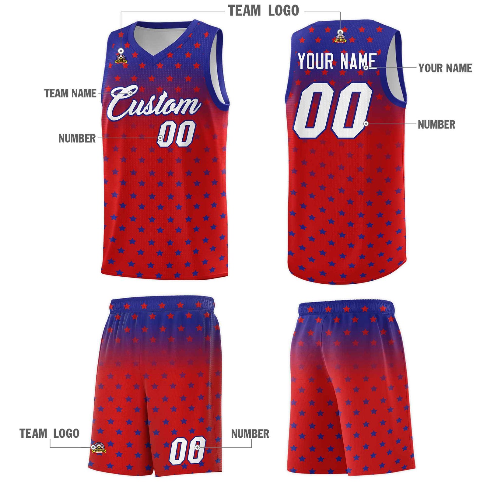 Custom Royal Red Gradient Start Pattern Basketball Jersey Sets