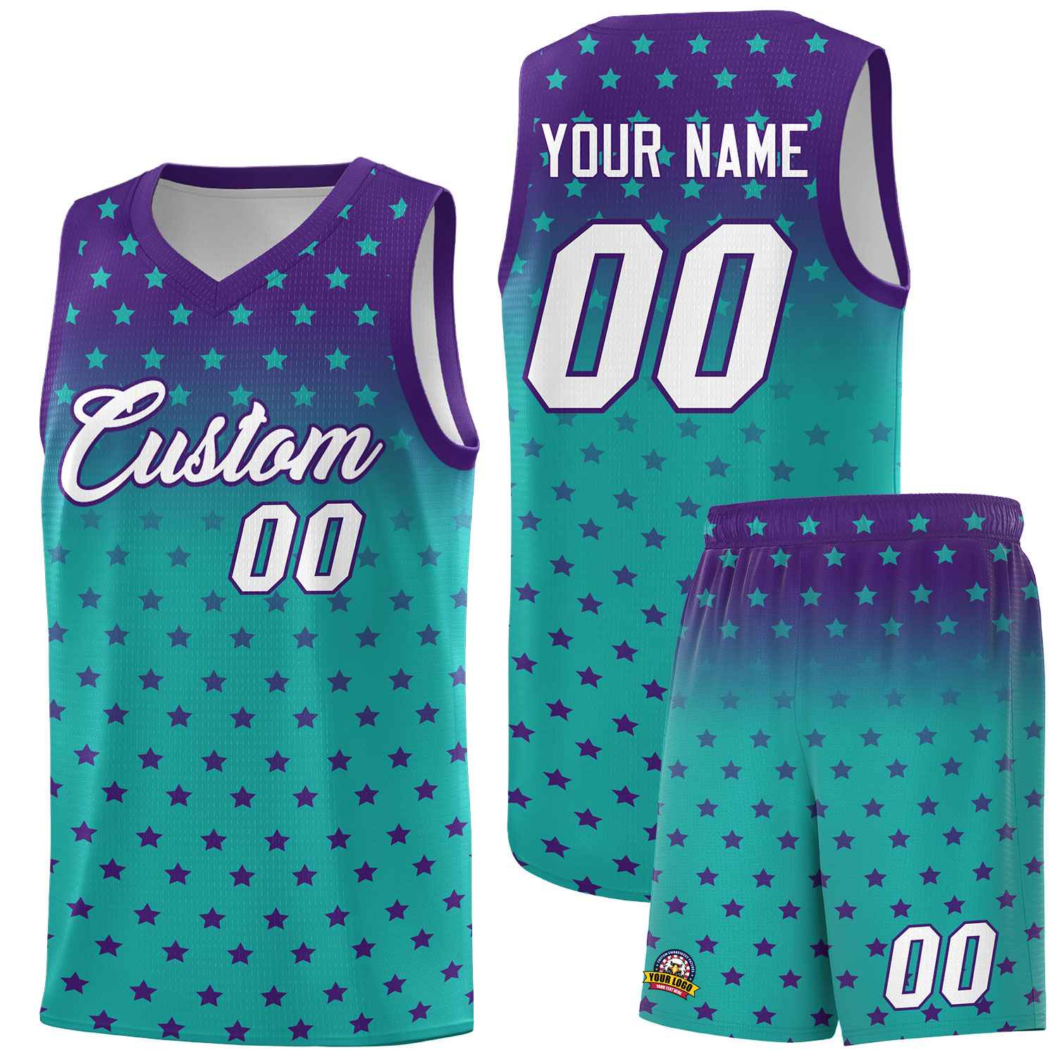 Custom Purple Aqua Gradient Start Pattern Basketball Jersey Sets