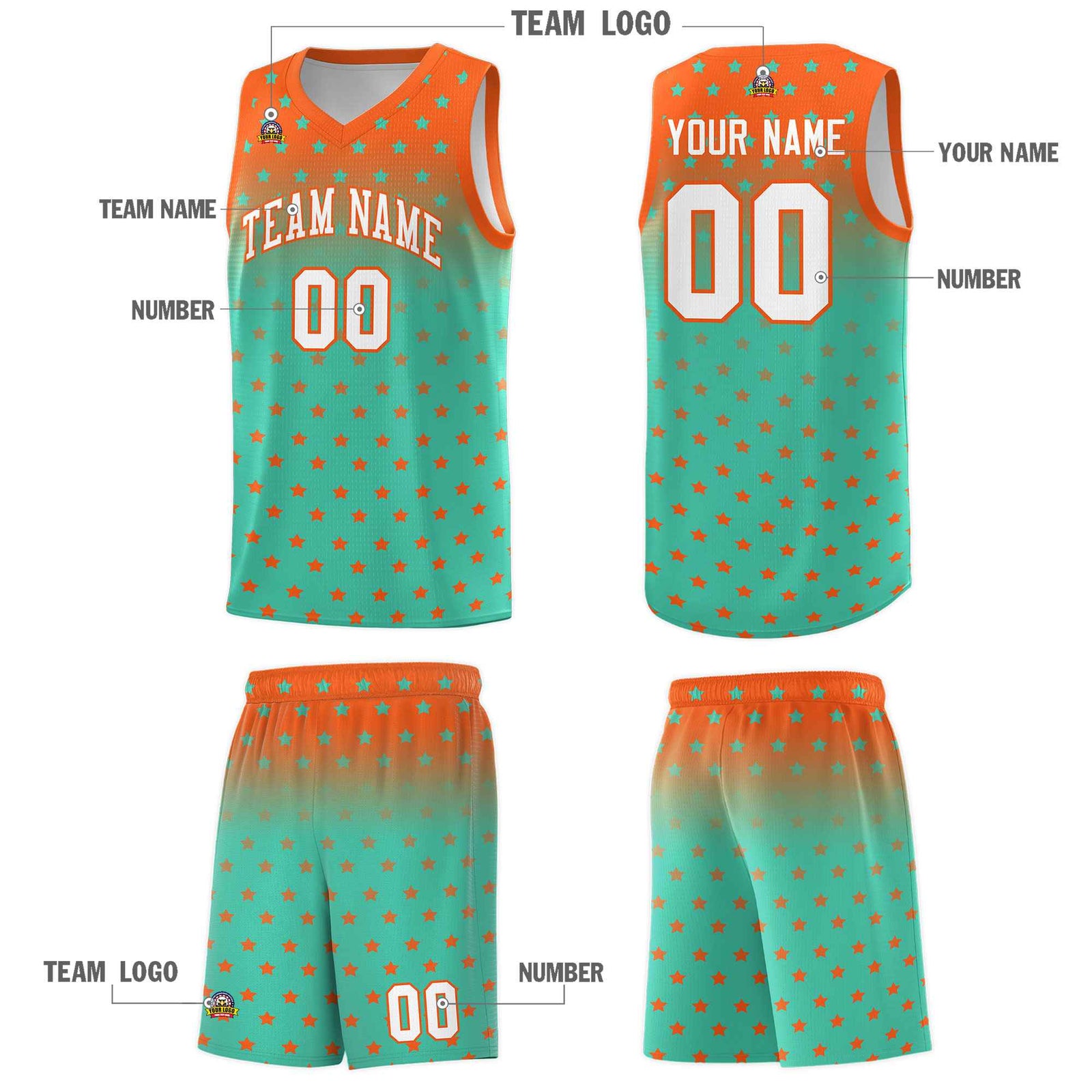 Custom Orange Aqua Gradient Start Pattern Basketball Jersey Sets
