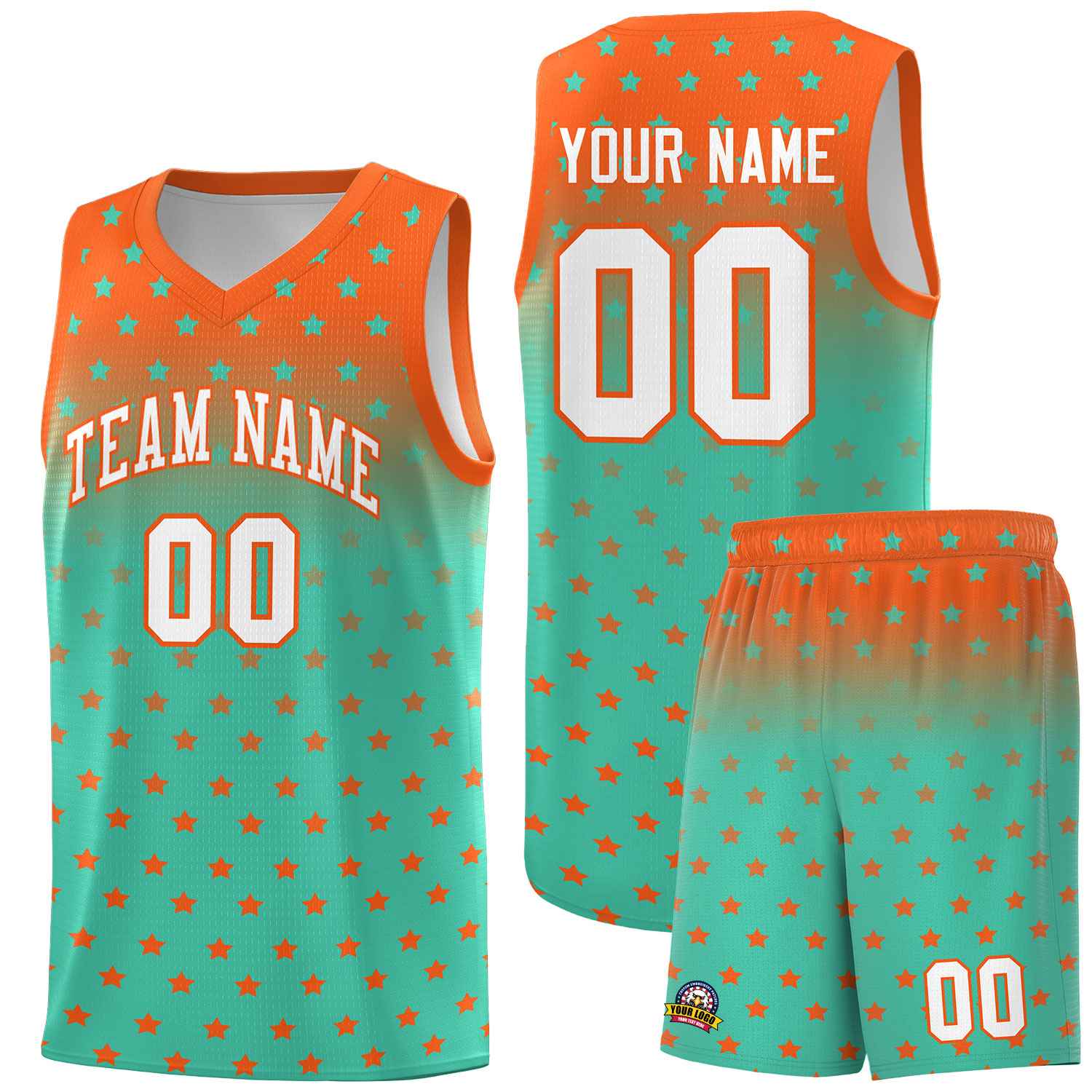 Custom Orange Aqua Gradient Start Pattern Basketball Jersey Sets