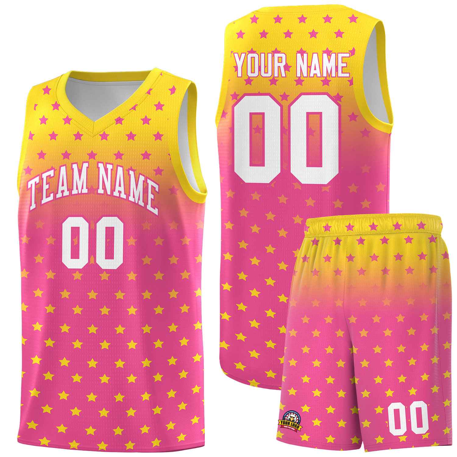 Custom Gold Pink Gradient Start Pattern Basketball Jersey Sets
