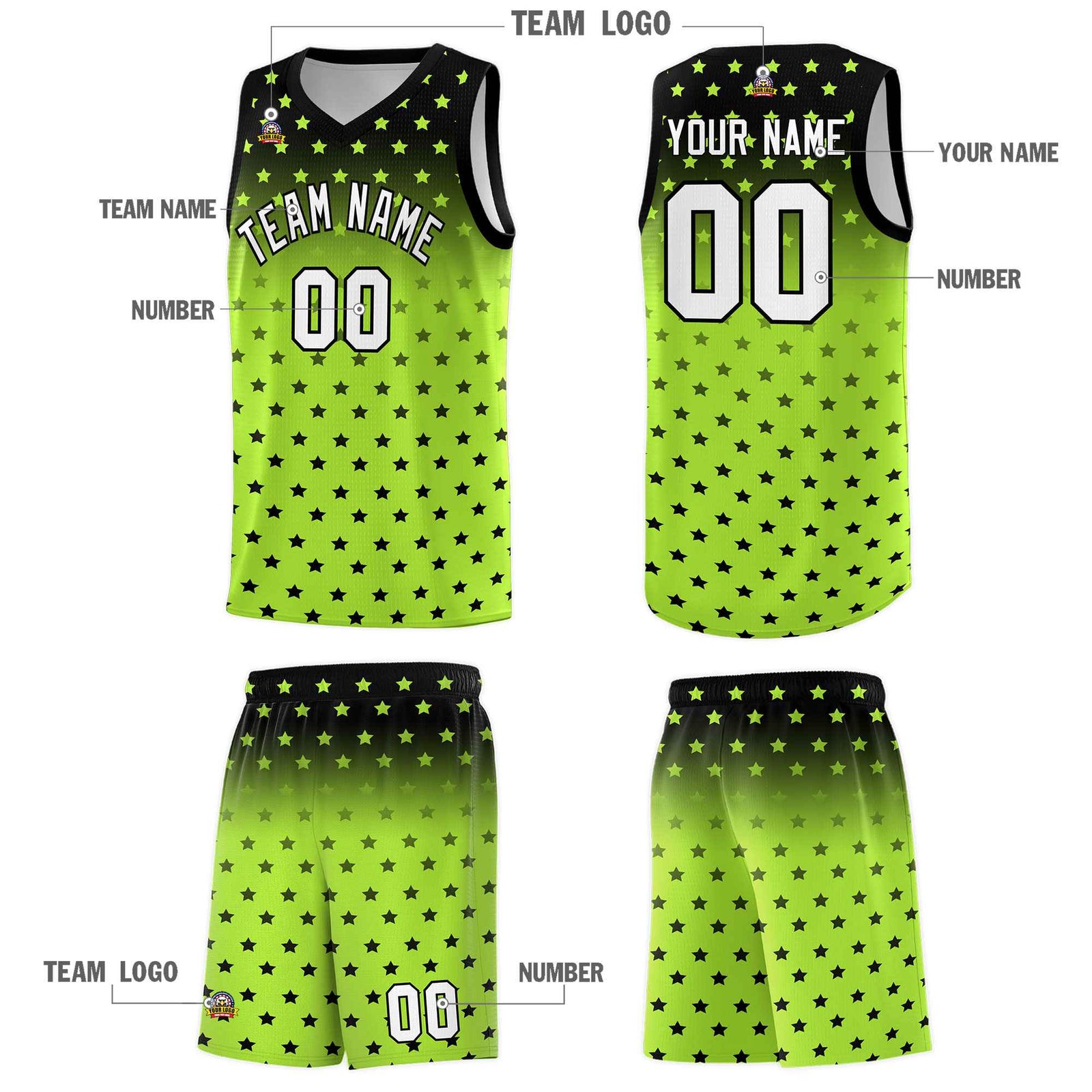 Custom Black Light Green Gradient Start Pattern Basketball Jersey Sets